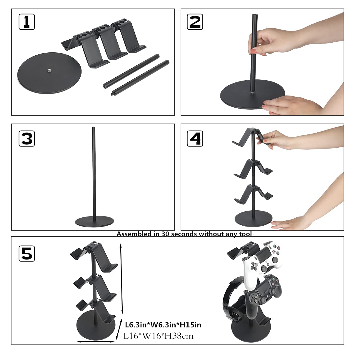 3-Tier Adjustable Controller Stand & Headphone Holder - Universal Gaming Accessories Organizer for Xbox, PS4, PS5, Nintendo Switch (Smart Black) - Perfect for Gaming Setup & Desk Organization