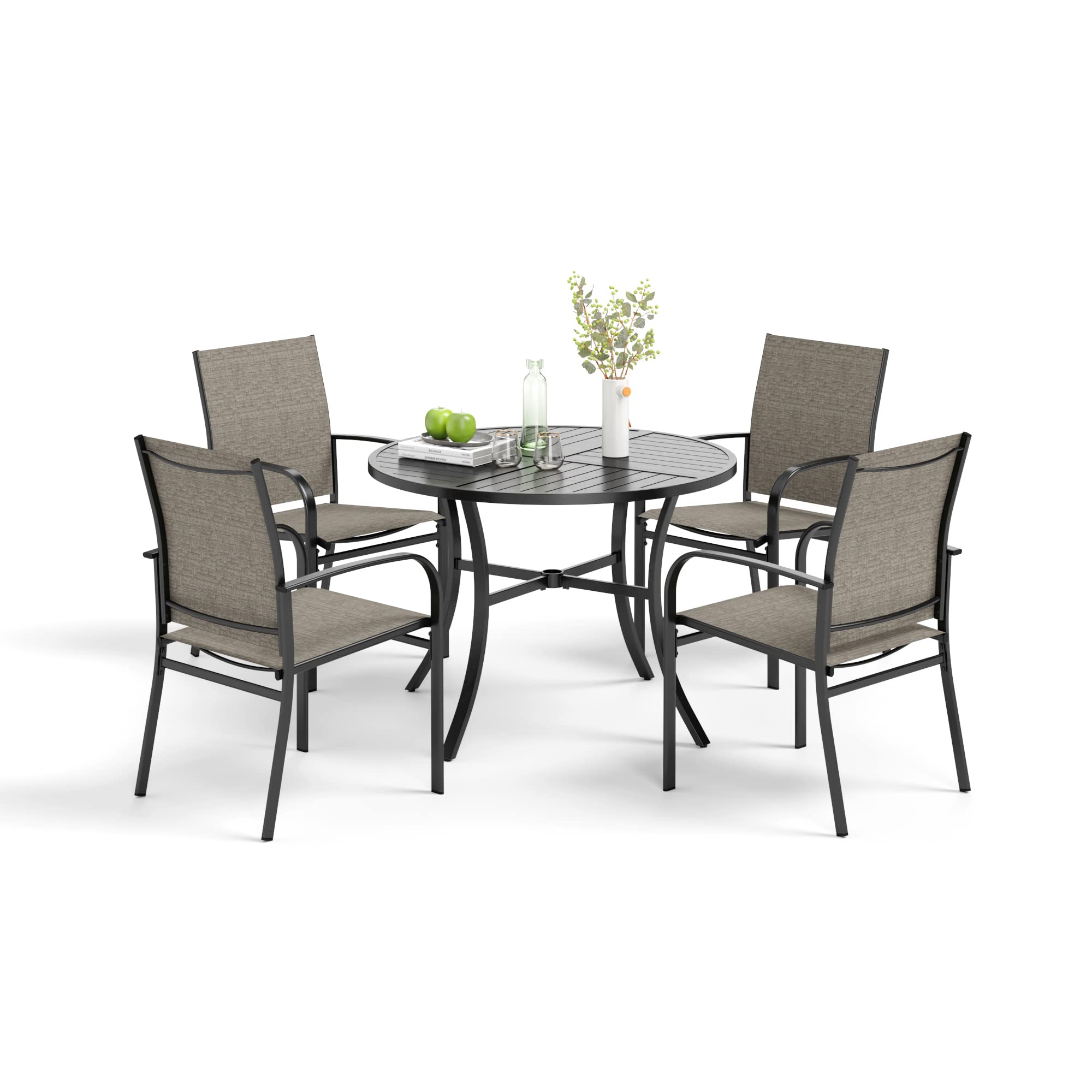 5-Piece Outdoor Dining Set - Round Metal Patio Table & 4 Brown Chairs for 4 People - Perfect for Deck, Garden, Backyard, Lawn & Poolside Gatherings