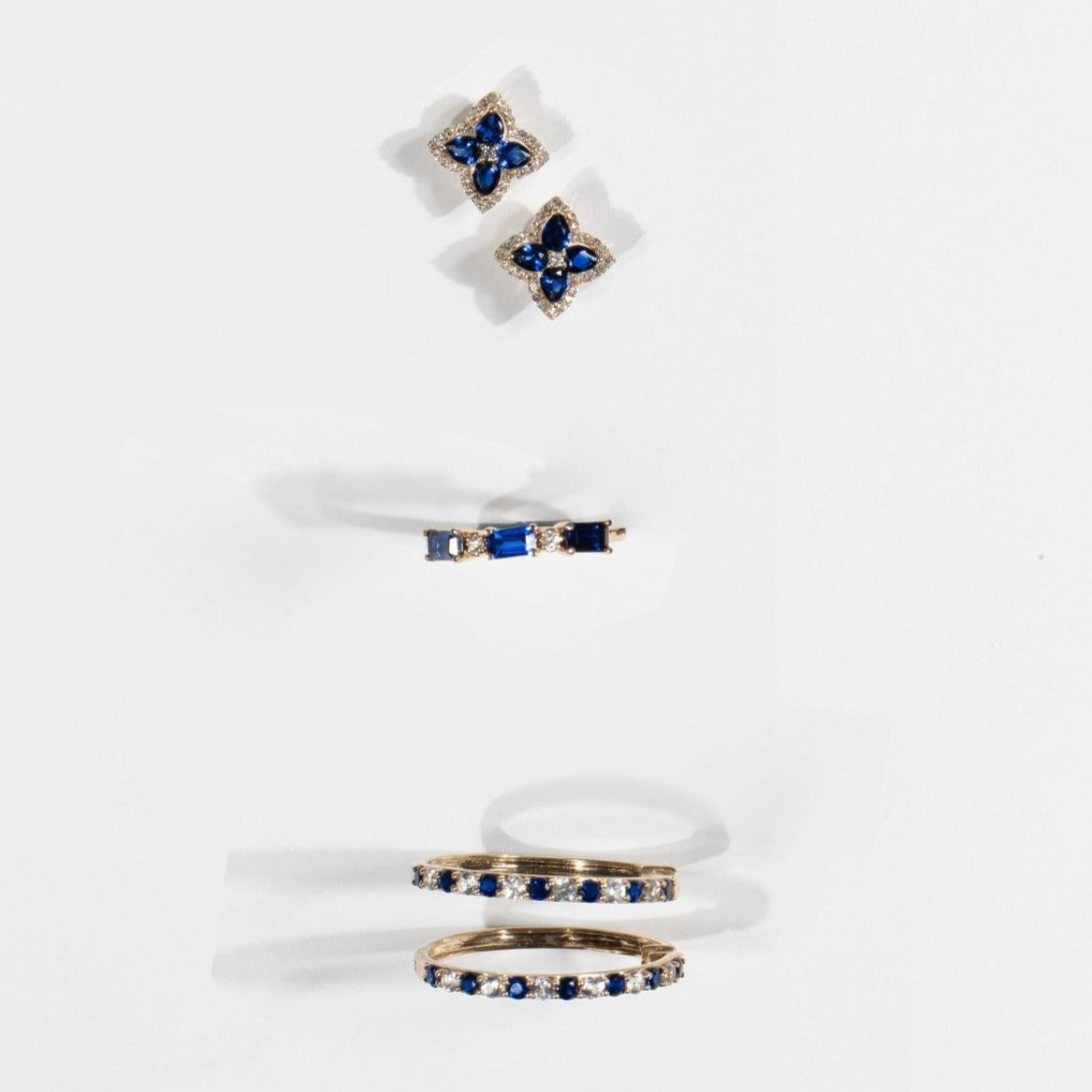 10k Yellow Gold Blue Sapphire Clover Stud Earrings with White Sapphire Halo - Elegant Irish Jewelry for Women, Perfect for St. Patrick's Day Gifts, Anniversary & Birthday Presents