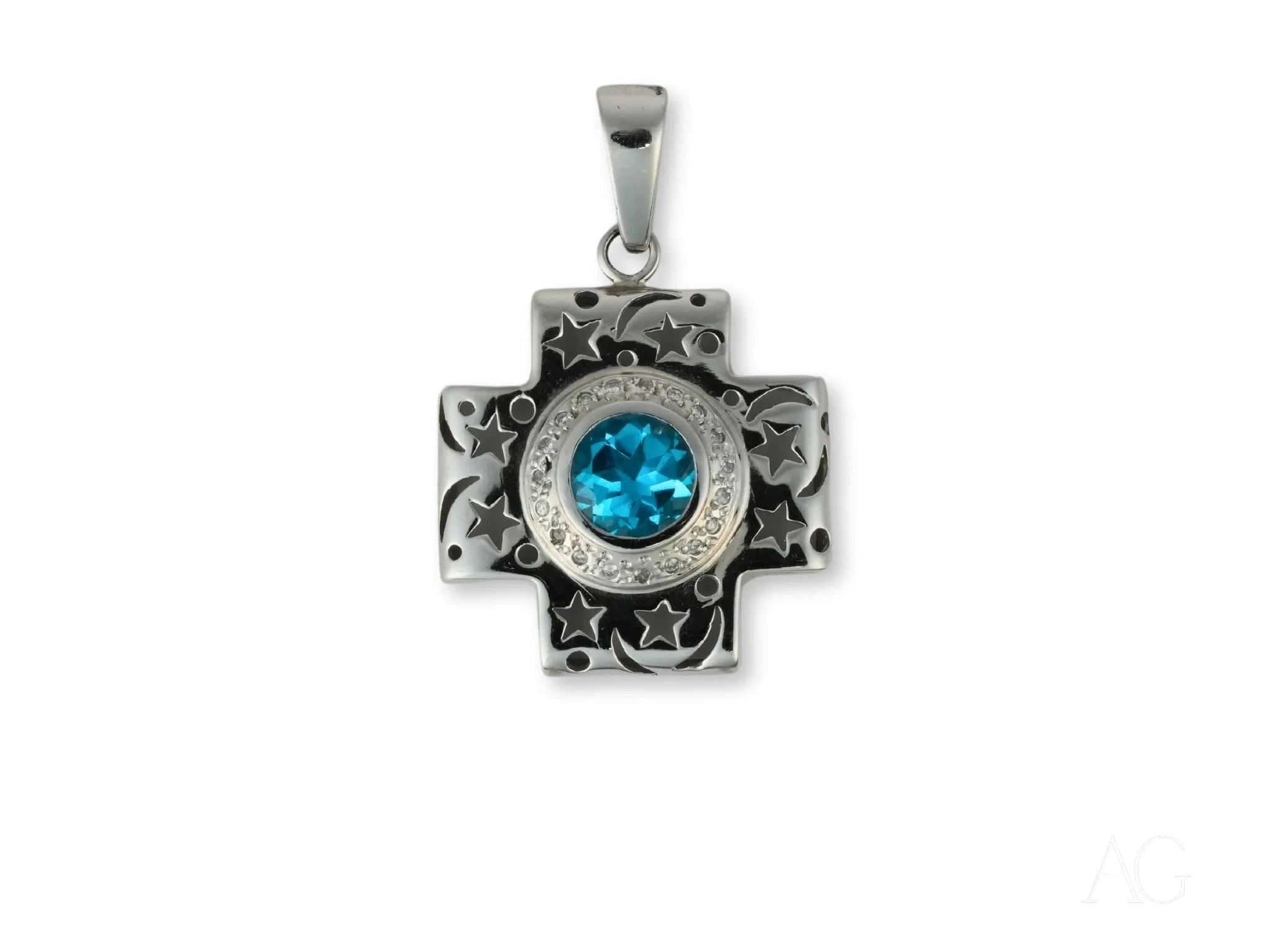 Celestial Cross Blue Topaz & Diamond Pendant Necklace - Elegant Jewelry for Women, Gifts for Christmas, Baptism, Confirmation & Special Occasions