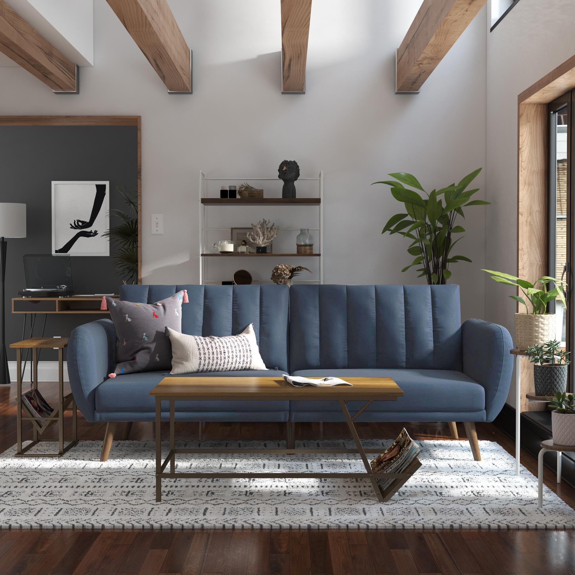 Novogratz Brittany Sofa Futon - Premium Linen Upholstery with Wooden Legs in Blue | Convertible Sleeper Sofa for Small Spaces, Living Room & Guest Room