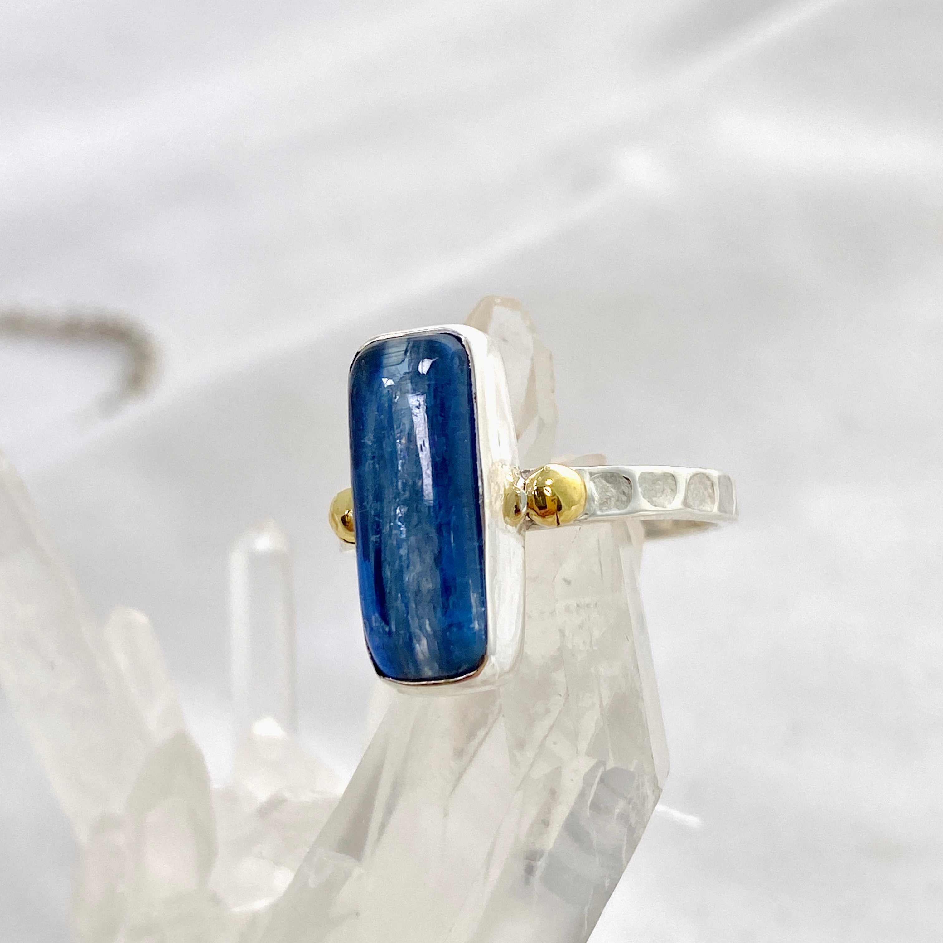 Blue Kyanite Rectangular Cabochon Ring with Brass Accents - Size 8 - Handmade Boho Jewelry for Women - Perfect for Meditation, Spiritual Healing & Everyday Wear KRGJ3279