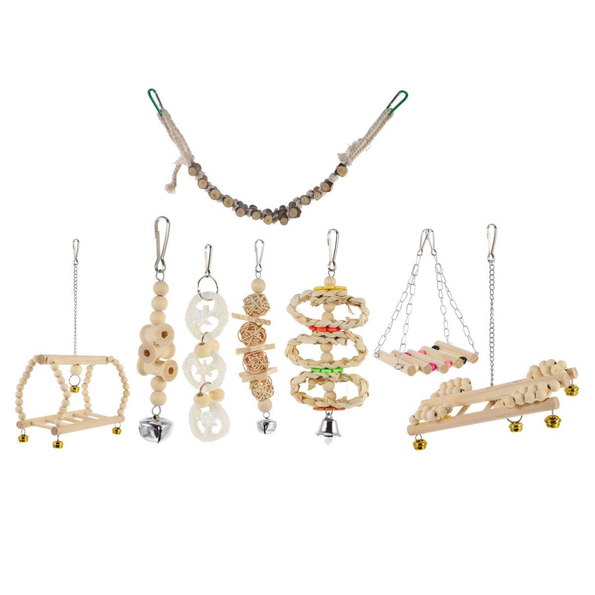 Balacoo 8pcs Wooden Bird Toy Set - Hanging Swing, Chewing Toys & Play Stand for Parrots | Durable Parrot Bite Toys & Perch Rod for Cage Enrichment | Perfect for Small & Medium Birds Like Cockatiels, Lovebirds & Conures