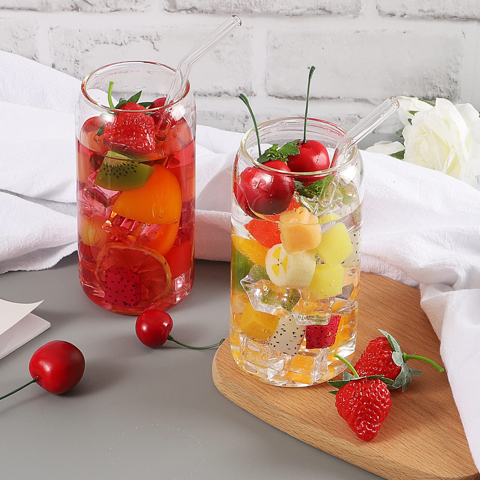 6-Pack 16oz Glass Cups with Straw - Reusable Beer, Coffee, Whiskey, Soda & Iced Tea Tumblers - Perfect for Home, Office, Parties & Outdoor Gatherings