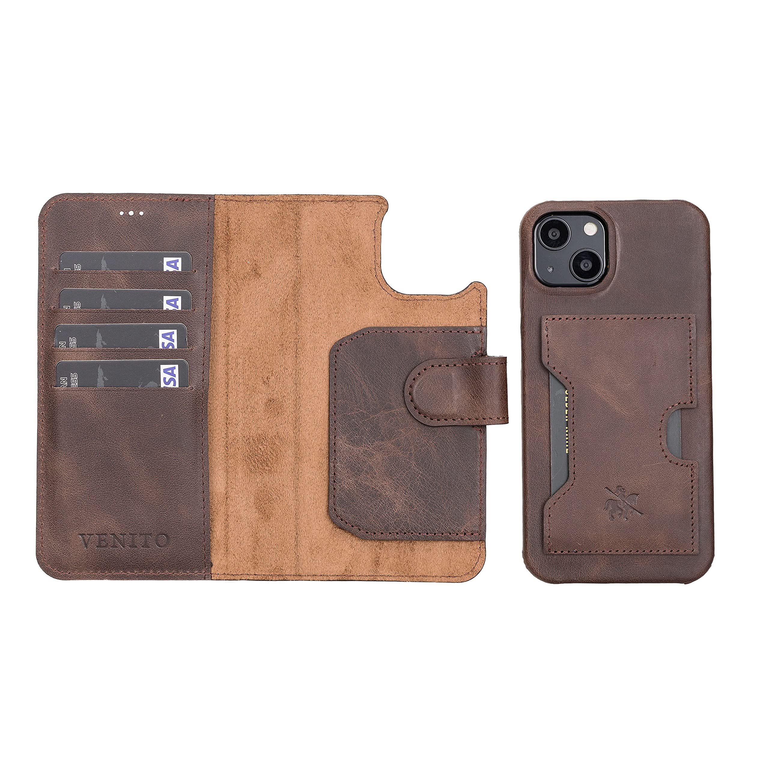Venito Florence Genuine Leather Wallet Phone Case for iPhone 13 (6.1 Inch) - RFID Blocking Protection - Detachable Card Holder - Coffee Brown - Perfect for Travel, Work & Everyday Use