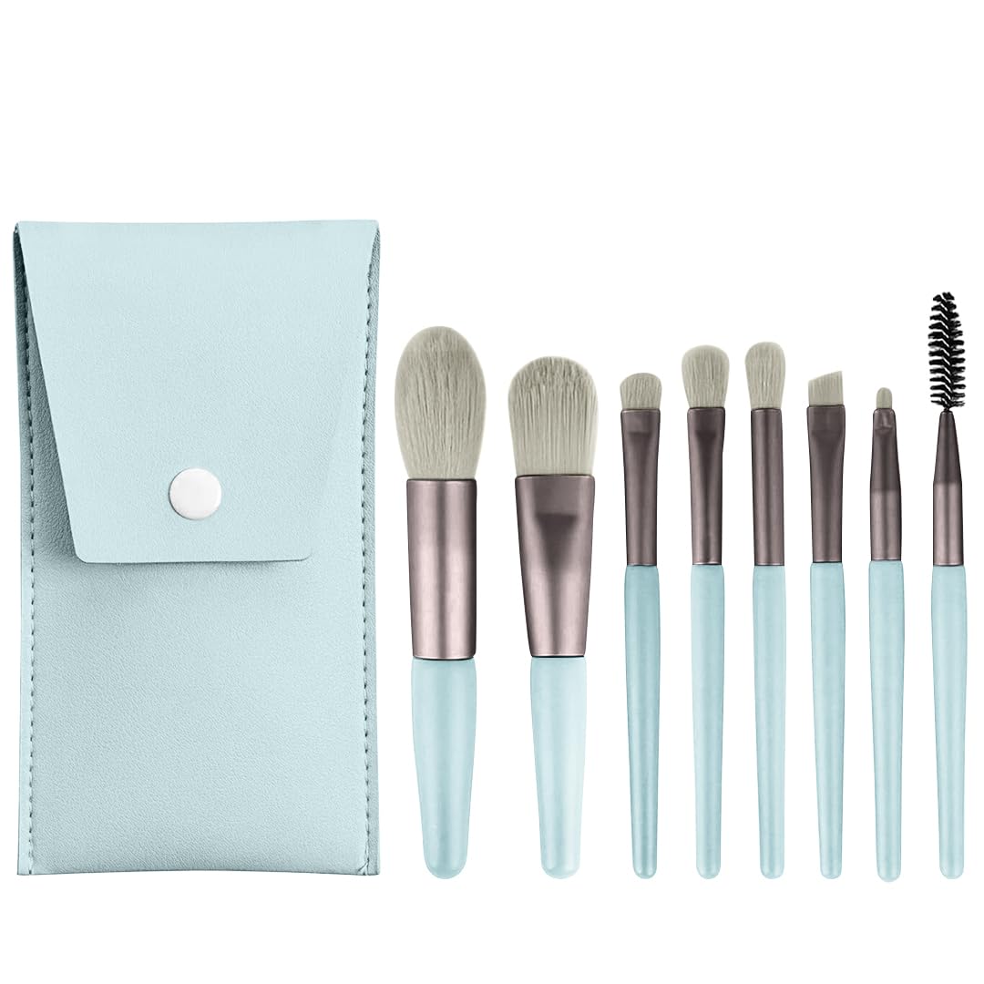 Premium 8-Piece Synthetic Kabuki Makeup Brush Set with Pouch - Foundation, Concealer, Eyeshadow, Blush, Powder, Highlighter, Contour & Eyeliner Blending Brushes (Grey) - Perfect for Professional Makeup Application & Travel Beauty Essentials