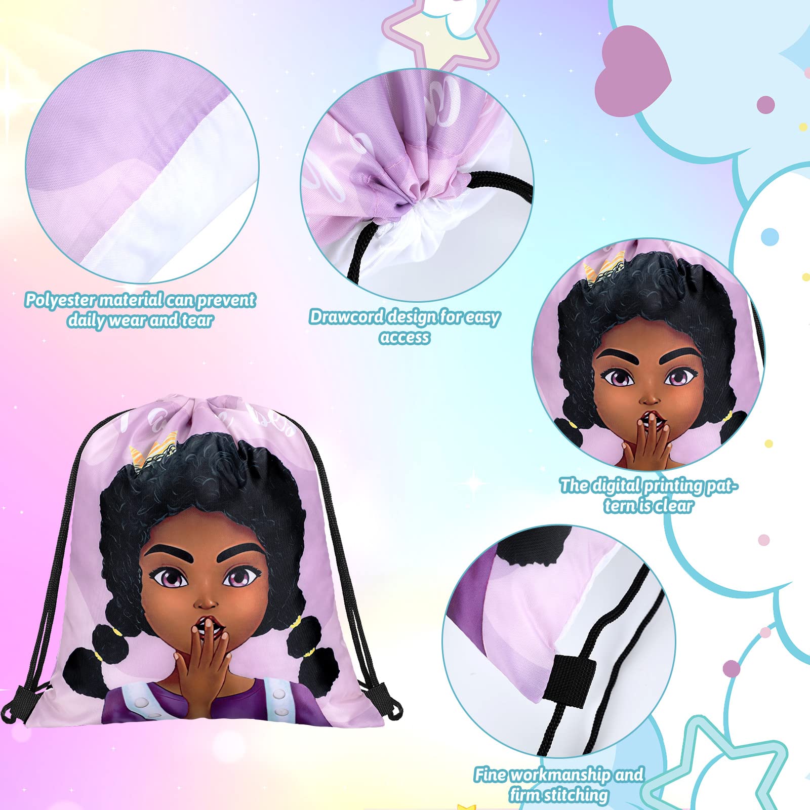 18-Piece Black Girl Kids Party Favor Drawstring Bags - African American Themed Backpacks for Birthday Gifts, School Supplies & Party Favors - Perfect for Birthday Parties, Classroom Rewards & Special Events