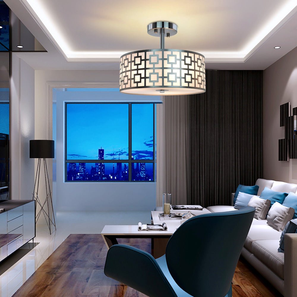 Stylish Semi Flush Mount Ceiling Light Fixture - 3 Bulb Iron Drum Pendant Chandelier in Chrome Finish for Bedroom, Hallway, Kitchen, Living & Dining Room | Modern Home Lighting for Entryway, Foyer & Interior Decor