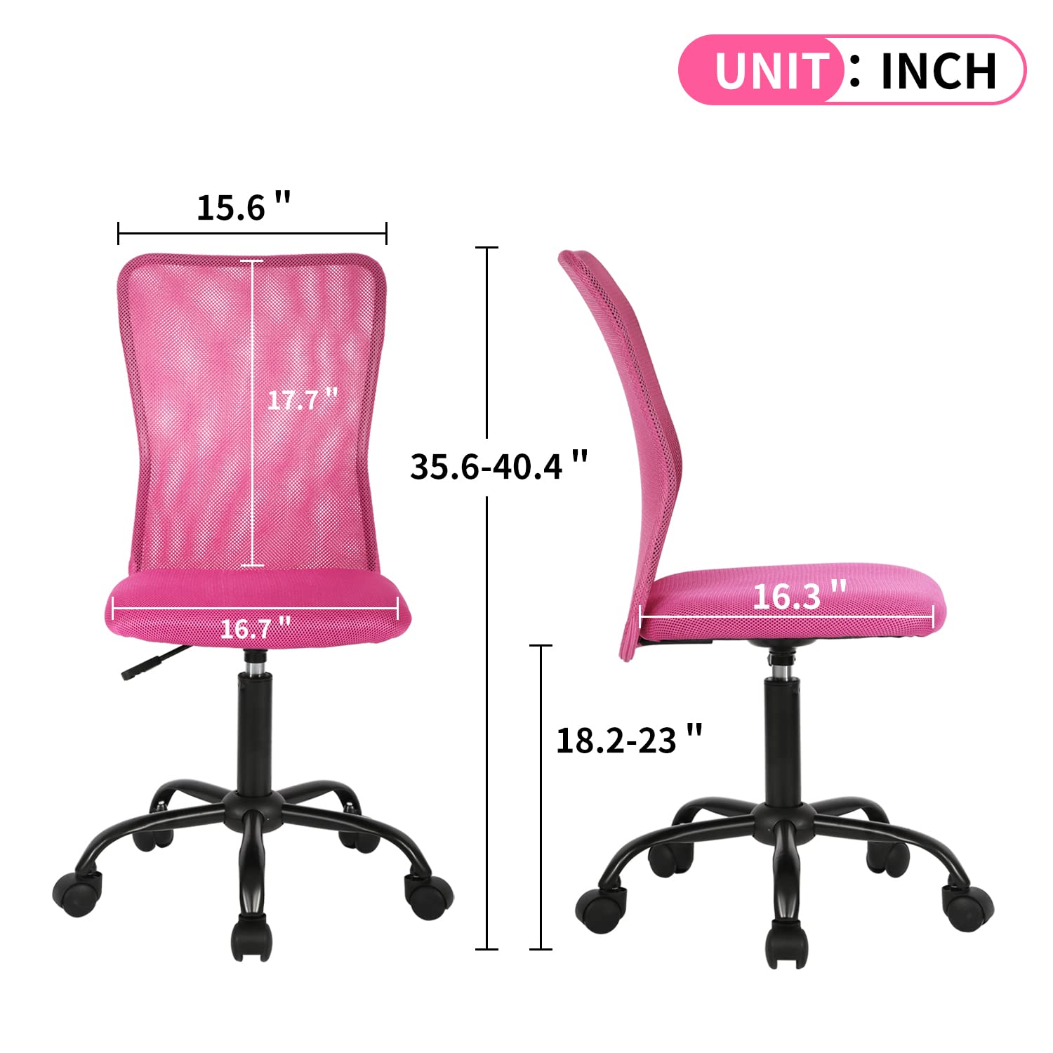 Ergonomic Armless Office Chair - Adjustable Height Mesh Computer Desk Chair with Lumbar Support, Rolling Swivel Task Chair for Small Spaces, Pink | Perfect for Home Office, Gaming & Workspace Comfort