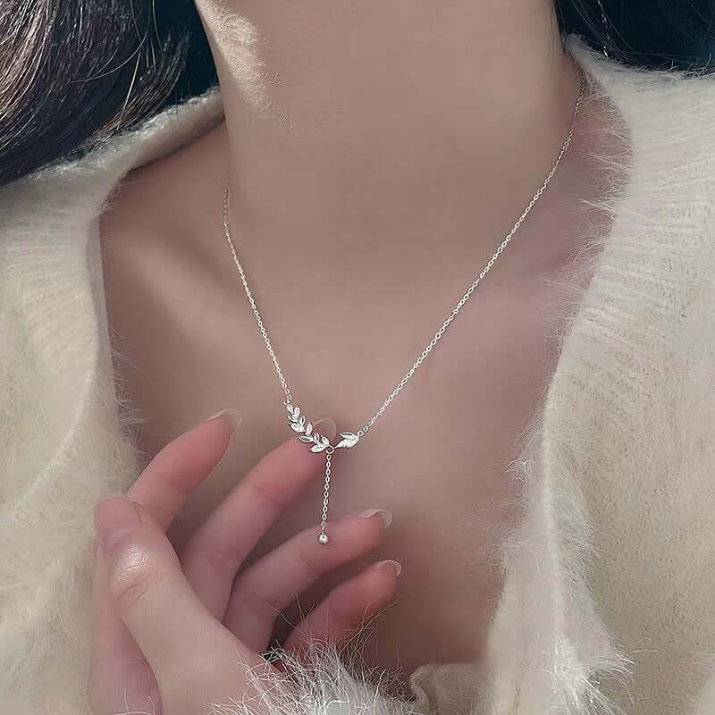 Marquise Olive Branch Leaf Y Necklace - Elegant Sterling Silver Pendant for Women | Perfect for Weddings, Anniversaries & Everyday Wear | R8236