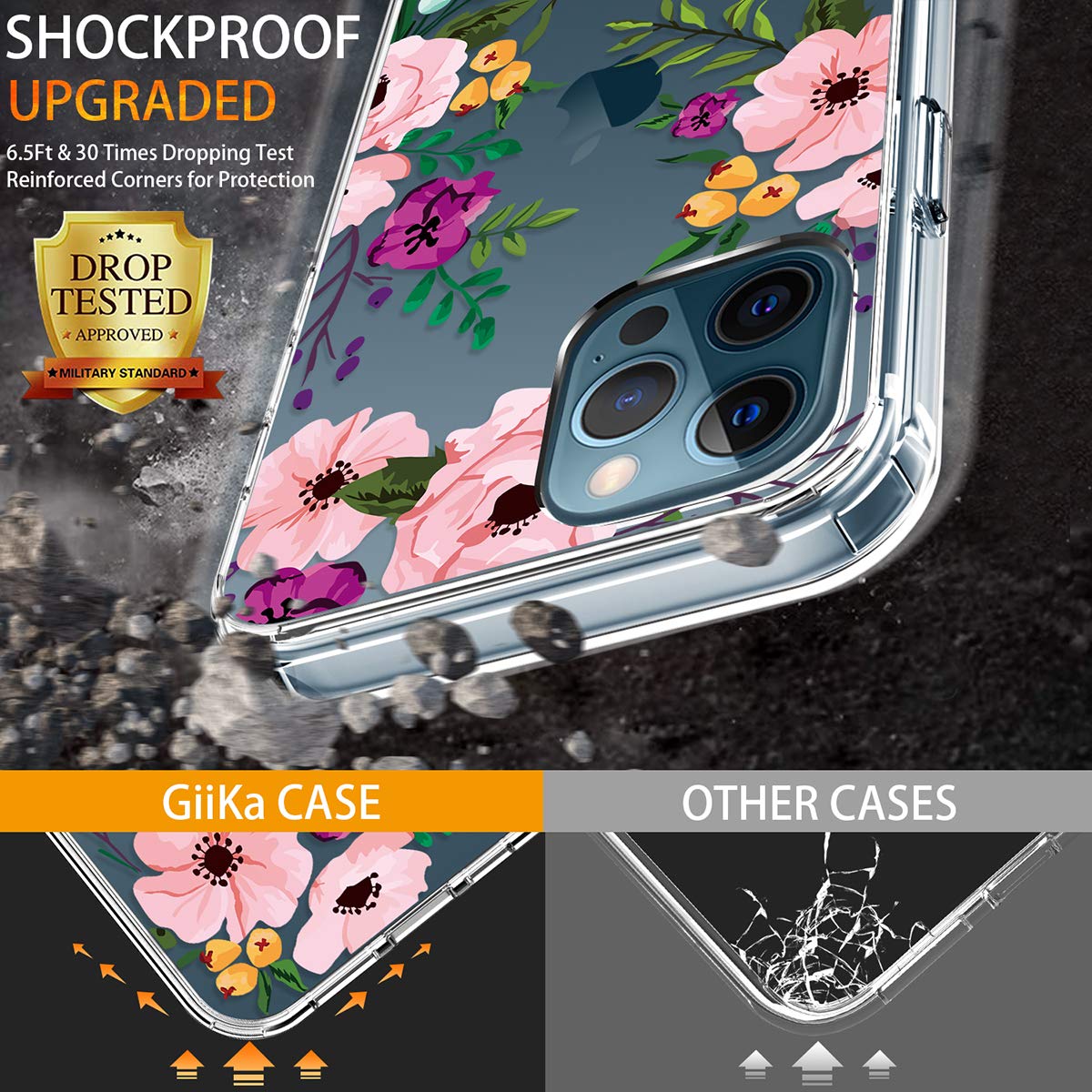 GiiKa Clear Shockproof iPhone 12 Pro Max Case with Screen Protector - Floral Design Hard Case with TPU Bumper for Women & Girls | Perfect for Everyday Protection & Stylish Outfits
