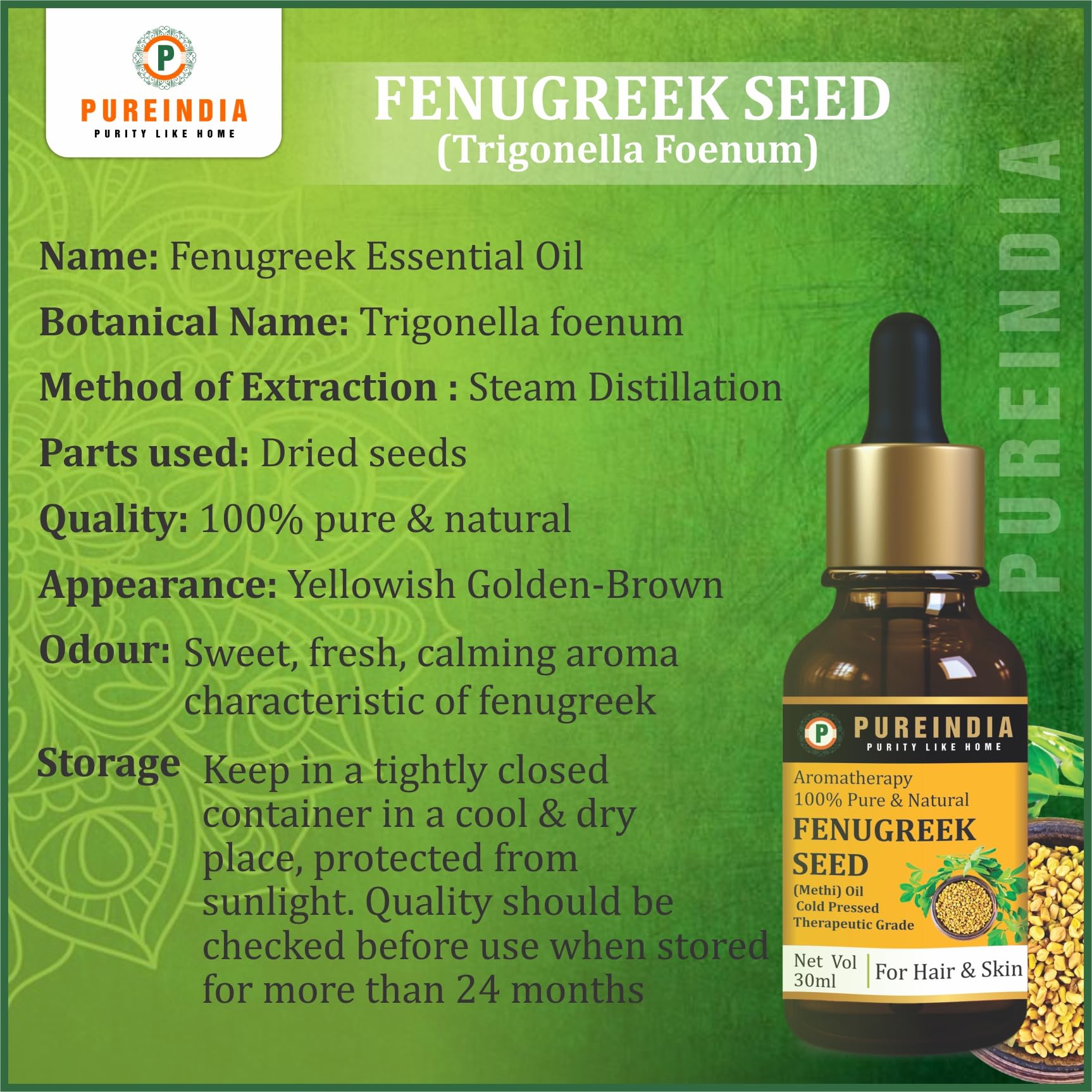 Pure & Natural Fenugreek Seed Oil - 100% Therapeutic Grade Essential Oil for Hair Growth, Skin Care & Aromatherapy - 30ml Bottle - Perfect for Massage, DIY Beauty & Relaxation
