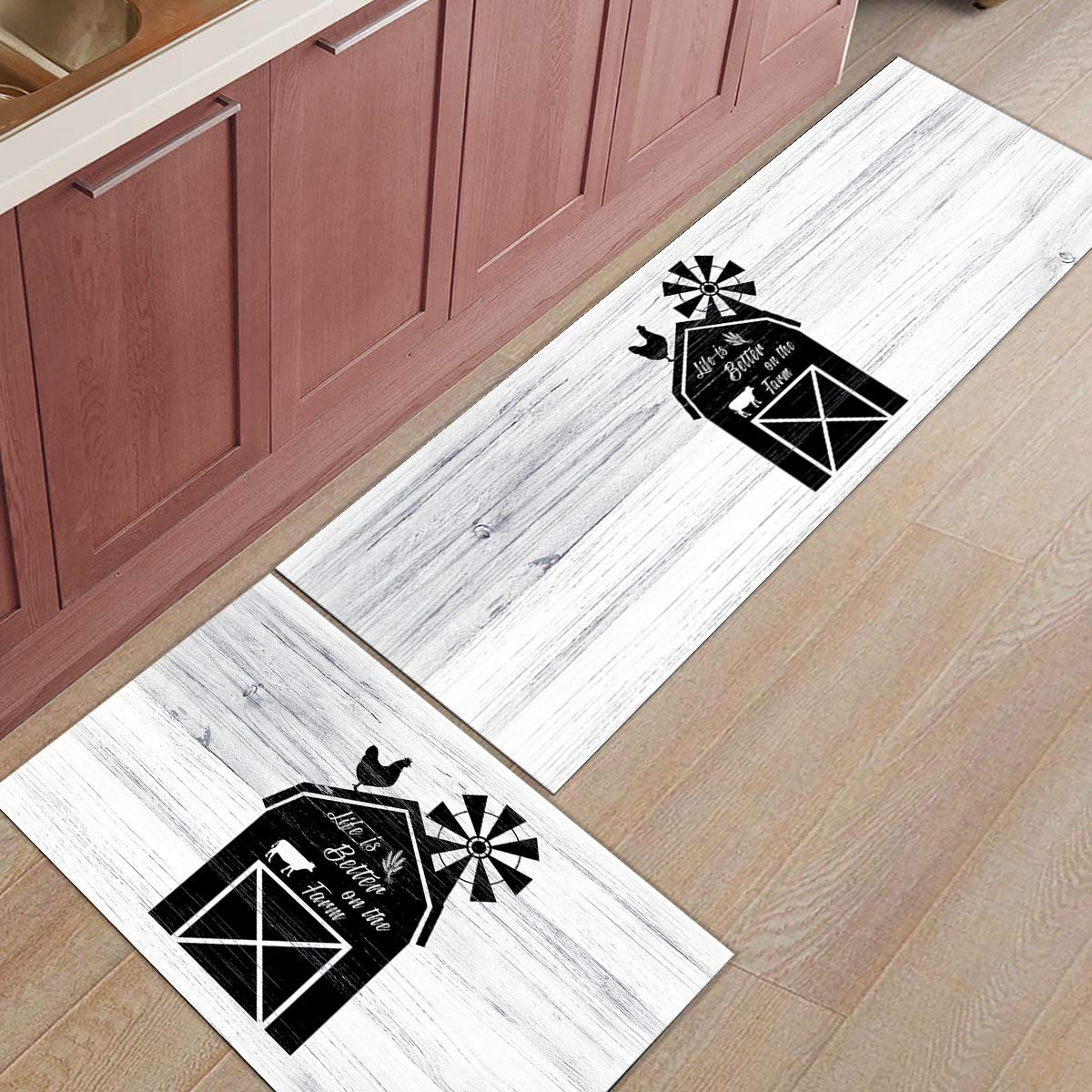 Non-Slip Kitchen Rug Set of 2 - Farmhouse Style Washable Floor Mats with Barn & Windmill Design, Perfect for Kitchen, Entryway, or Laundry Room - Sweet Home Decor for Cozy Farmhouse Living