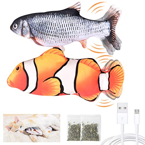 QAWCT 2-Pack Electric Moving Flopping Fish Cat Toys - Interactive Wiggle Fish with Catnip for Cats & Dogs - Plush Fun Exercise Toys for Indoor Play & Pet Entertainment