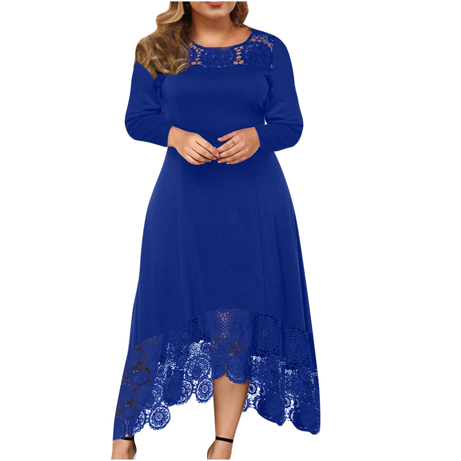 Women's Plus Size Casual Lace Round Neck Long Sleeve Dress - Elegant Solid Color Formal Gown with Unique Irregular Lace Stitching | Perfect for Office Wear, Evening Parties & Special Occasions