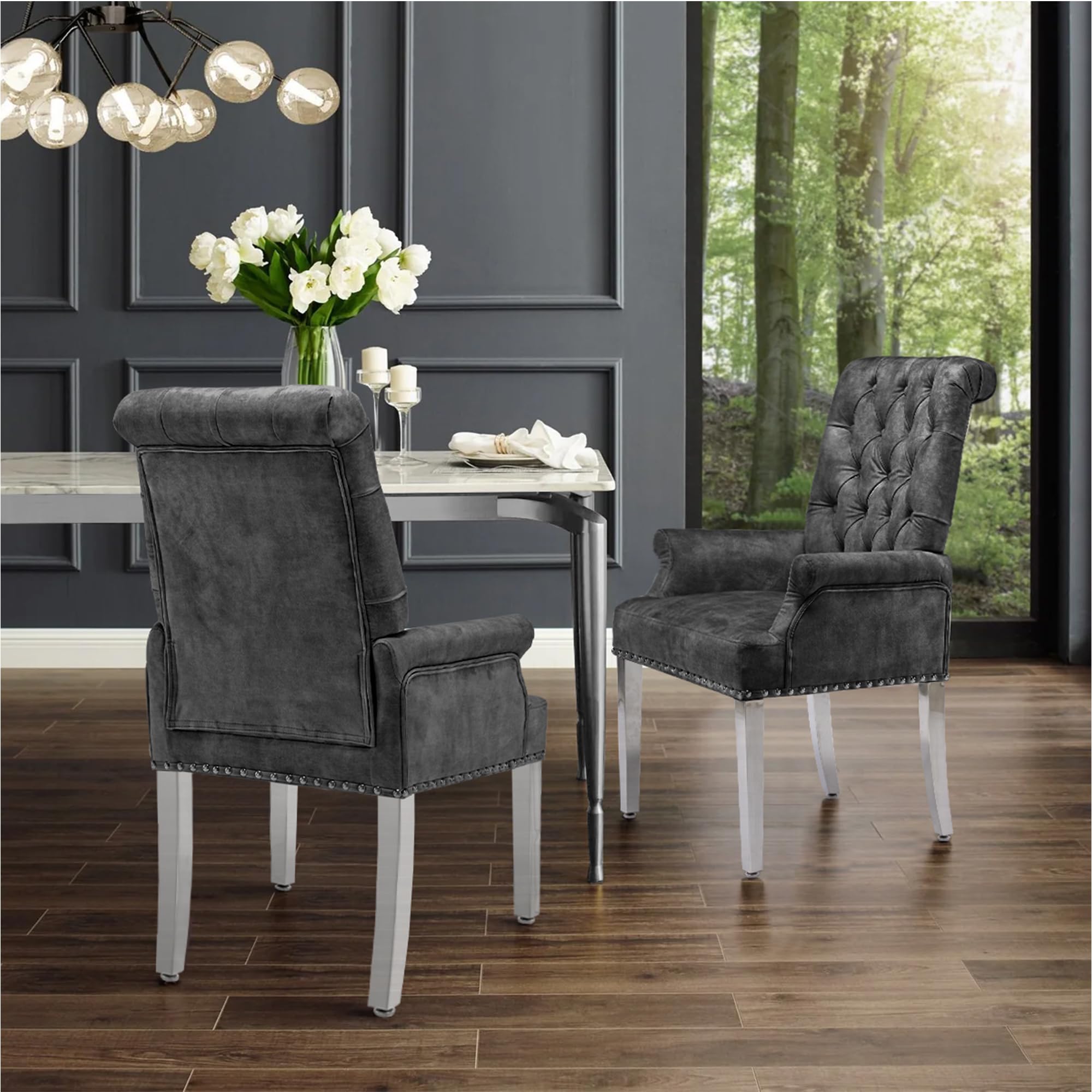 Luxury Velvet Dining Chairs with Tufted Upholstery & Stainless Steel Legs - Modern Armrest Dining Room Chairs in Dark Grey - Perfect for Home Dining, Restaurant, and Office Settings