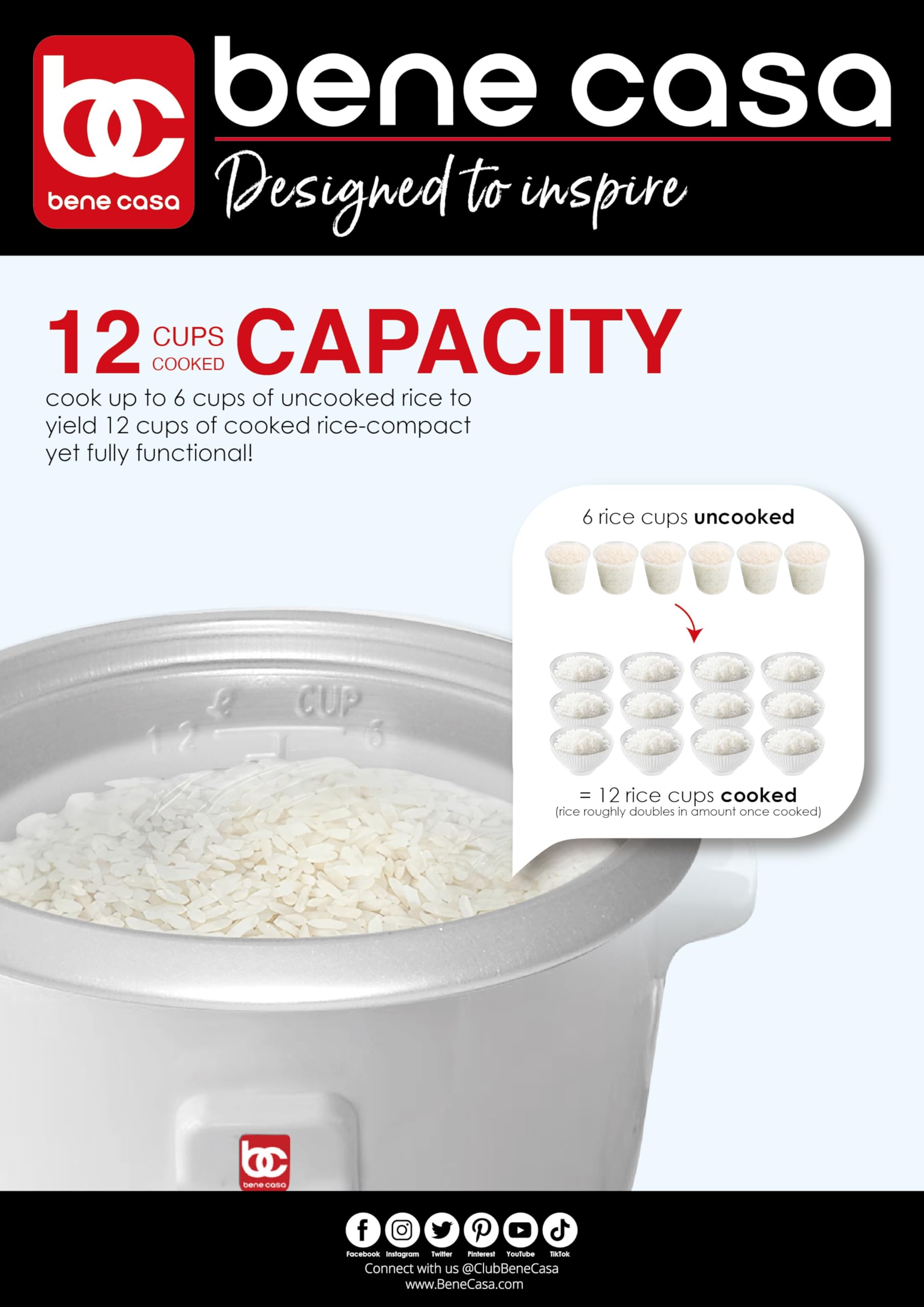Bene Casa 12-Cup Rice Cooker with Glass Lid - Nonstick Aluminum Inner Pot & 12-Hour Keep Warm - Perfect for Family Meals, Meal Prep, and Dorm Cooking (6 Cups Uncooked Rice Capacity)