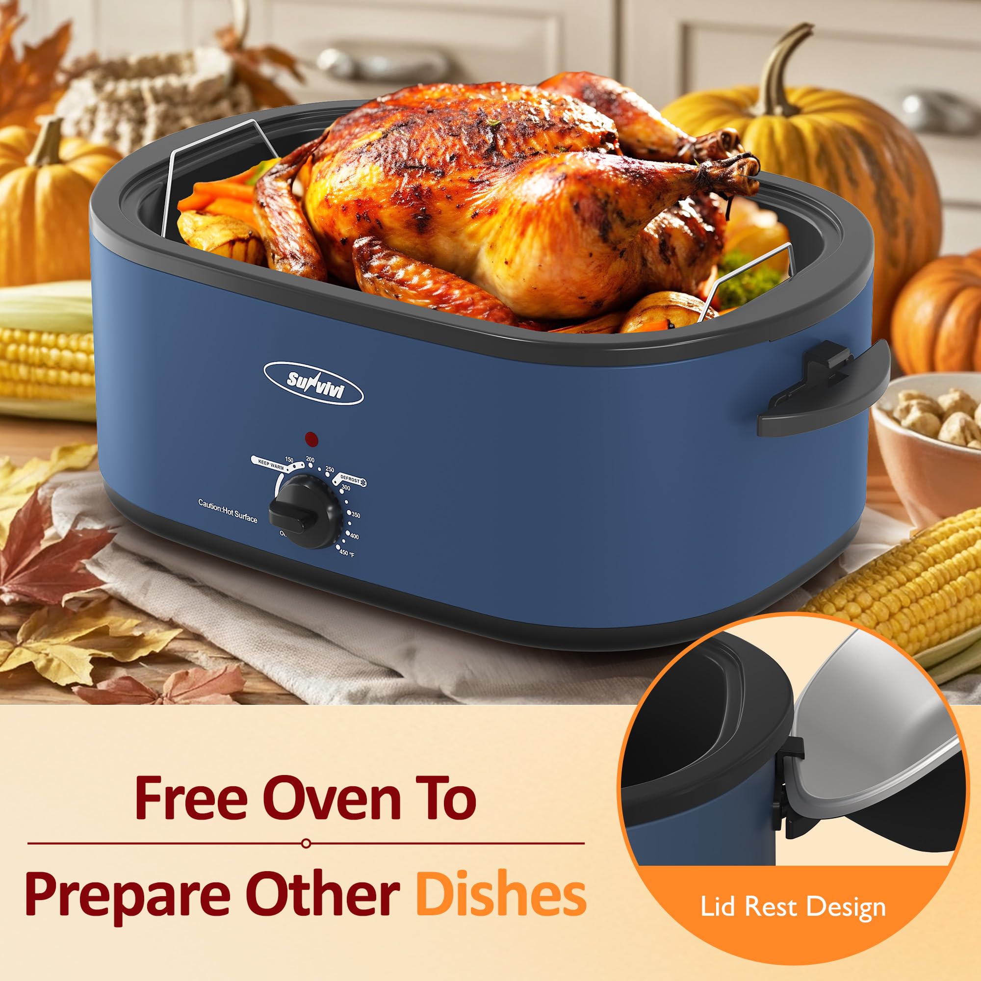 Sunvivi 28-Quart Electric Roaster Oven with Glass Lid - Self-Basting Turkey Roaster, Detachable Pan & Cool-Touch Handles (Blue) - Perfect for Thanksgiving, Holiday Cooking & Large Family Gatherings