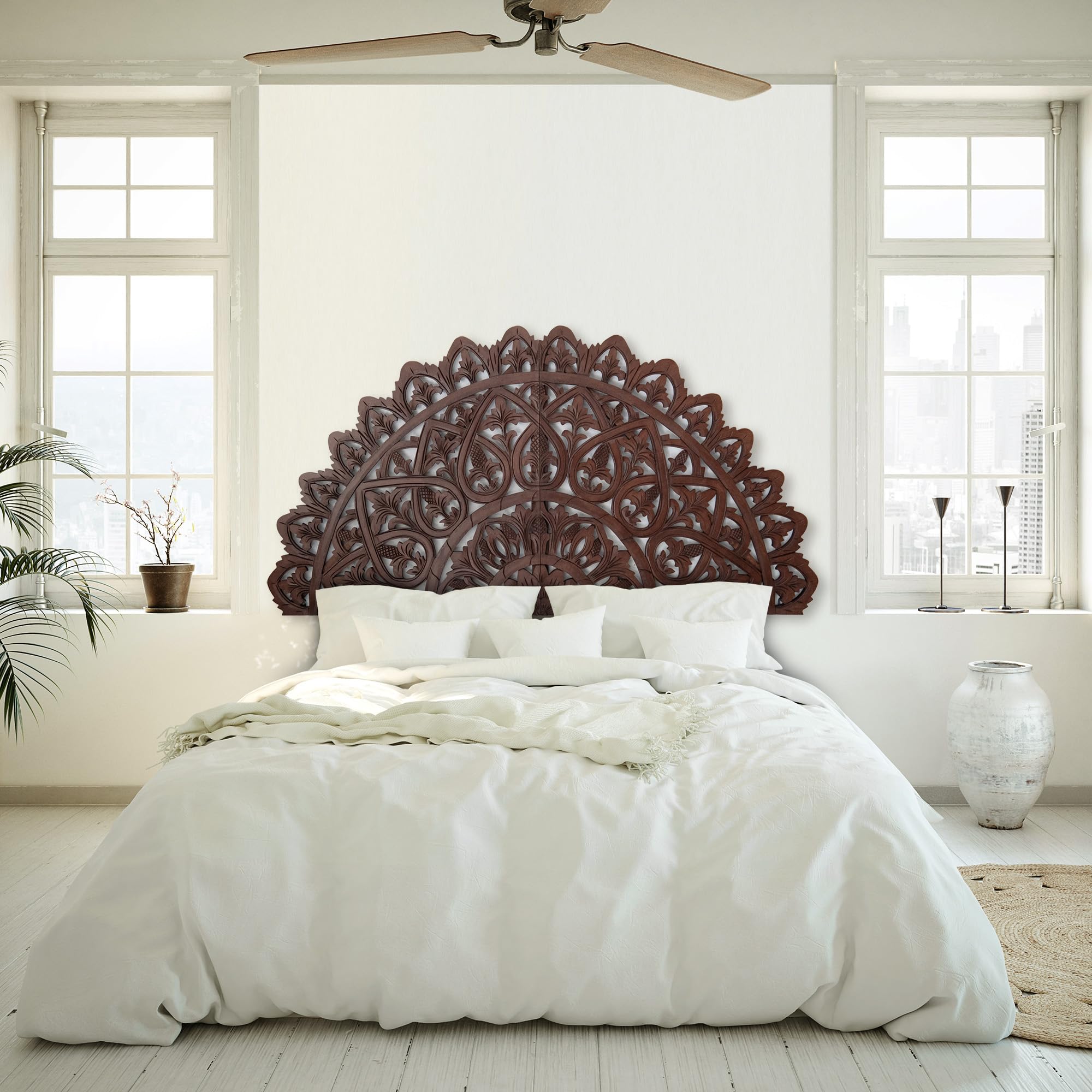 Rustic Half Moon King Wood Headboard - Carved Mahkota Dark Brown for Cal King Bed | Bedroom Decor