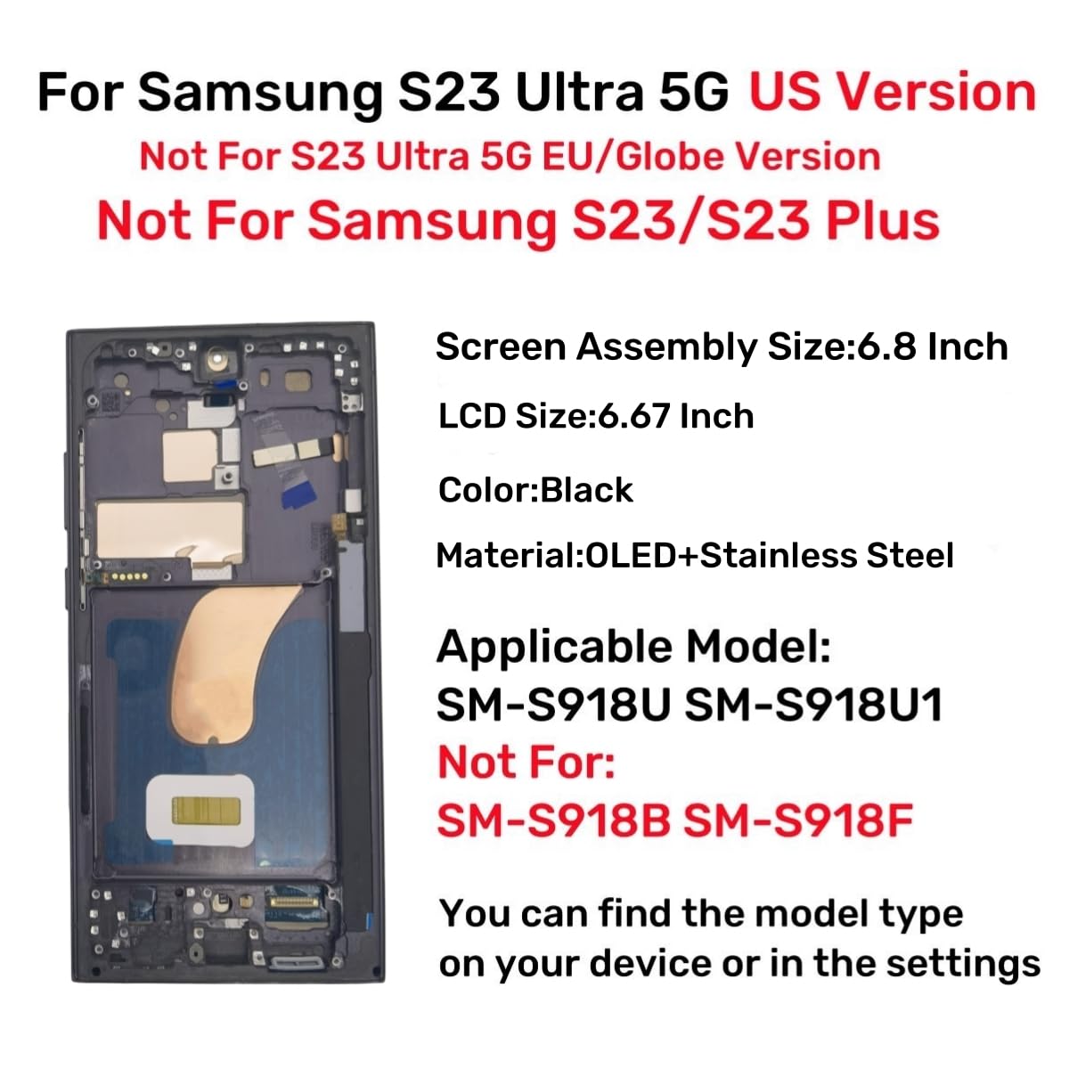 OLED Screen Replacement for Samsung Galaxy S23 Ultra 5G (S918U/S918A) - Full LCD Display Assembly with Touch Digitizer, Frame & Repair Tools - US Version (Black) - Perfect for DIY Phone Screen Repair & Replacement