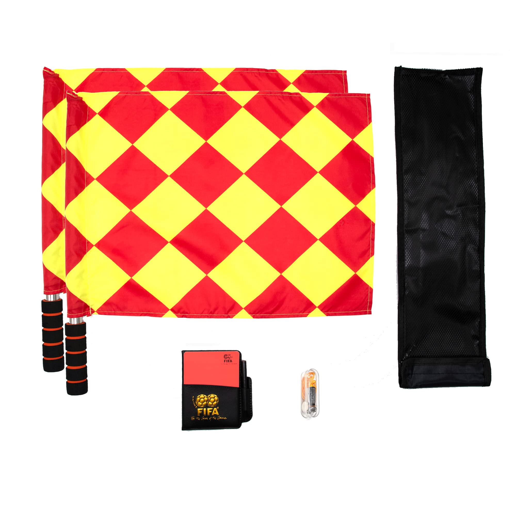 Soccer Referee Flag Set - Checkered Linesman Flags with Carrying Case, Durable Metal Pole & Foam Handle, Waterproof Design - Includes Red/Yellow Cards, Notebook, Pencil & 2 Stainless Steel Whistles with Lanyards (Style 1) - Perfect for Professional Matches, Youth Games & Referee Training