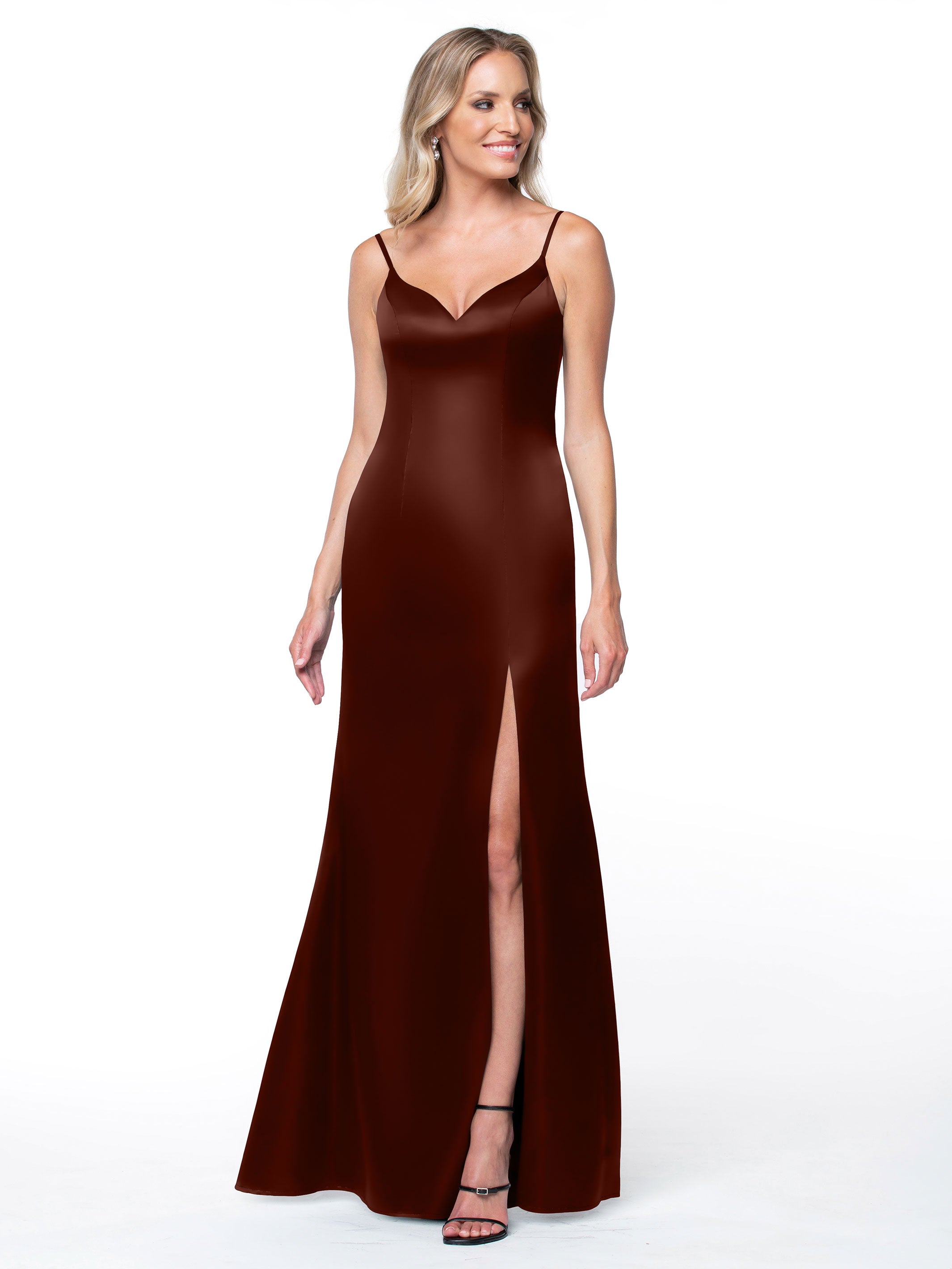 Elegant Fit and Flare Satin Bridesmaid Dress with Thigh High Slit - Perfect for Weddings, Prom, and Formal Events