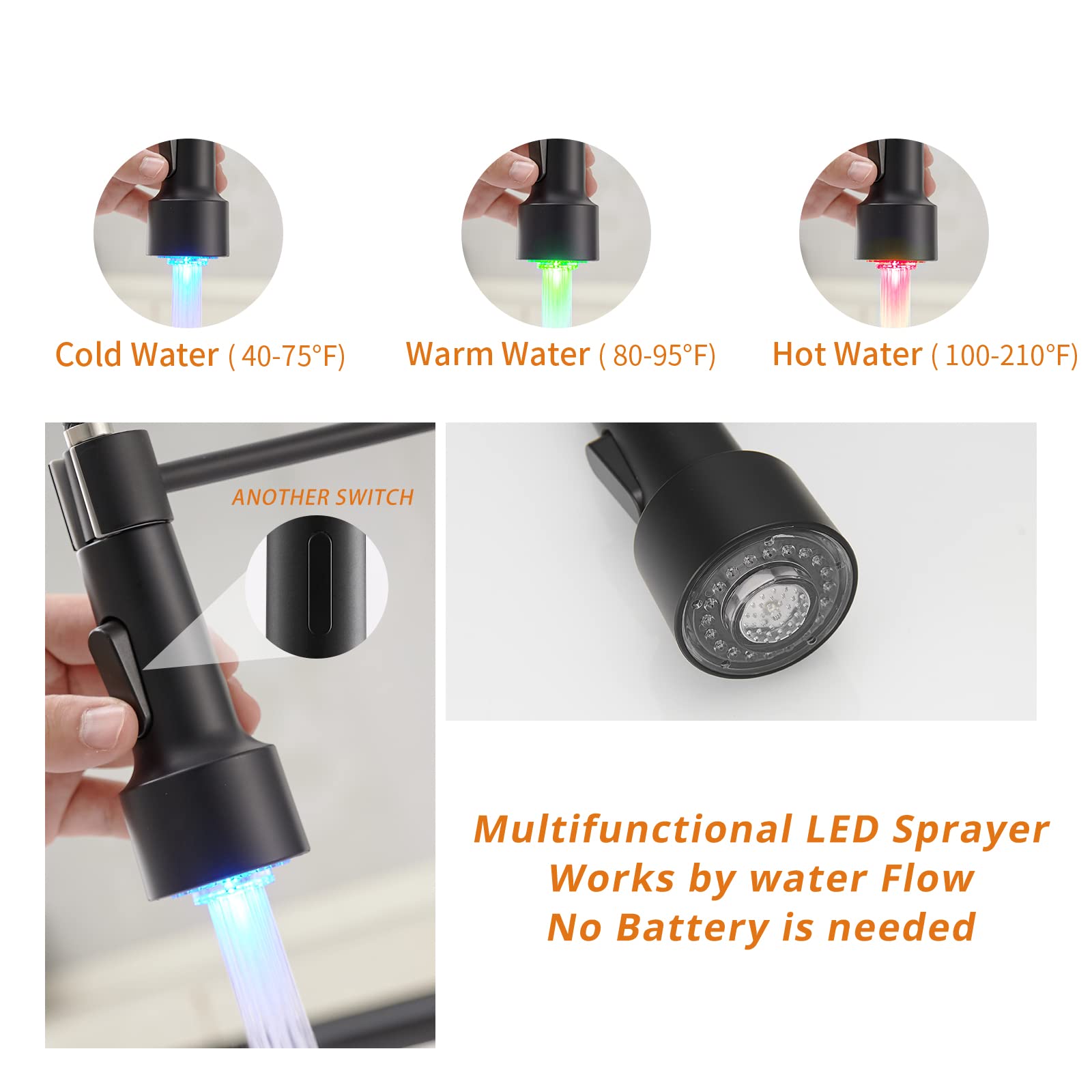 GIMILI Black and Gold Kitchen Faucet with Pull Down Sprayer - LED Light Modern Sink Faucet for Home, Restaurant & Commercial Use
