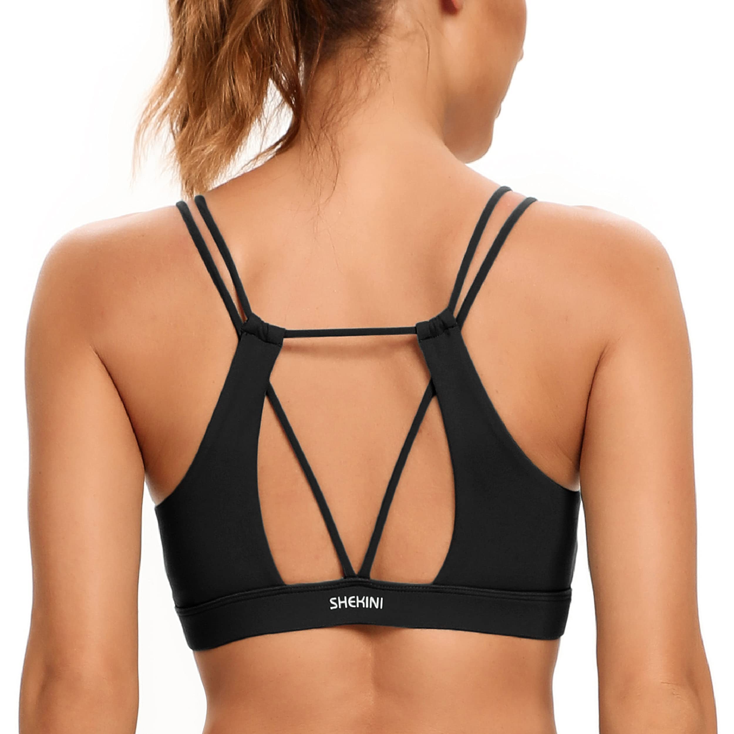 SHEKINI Women's Strappy Sports Bra - Sexy Crisscross Back Wirefree Padded Workout Top for Yoga, Fitness & Running | Cropped Tank Tops for Gym, Dance & Active Lifestyle