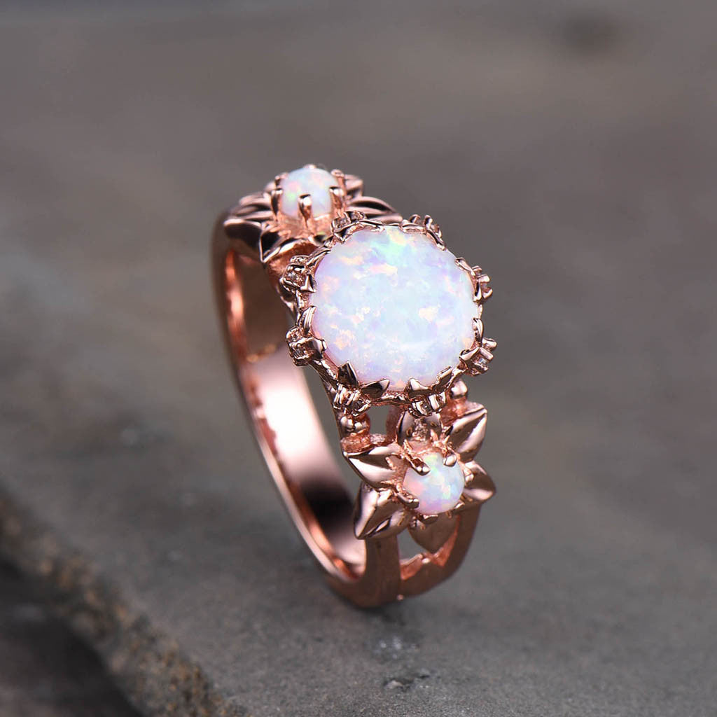 Exquisite Australian Opal Engagement Ring - Three Stone Floral Design for Brides | Perfect for Weddings, Anniversaries & Romantic Proposals
