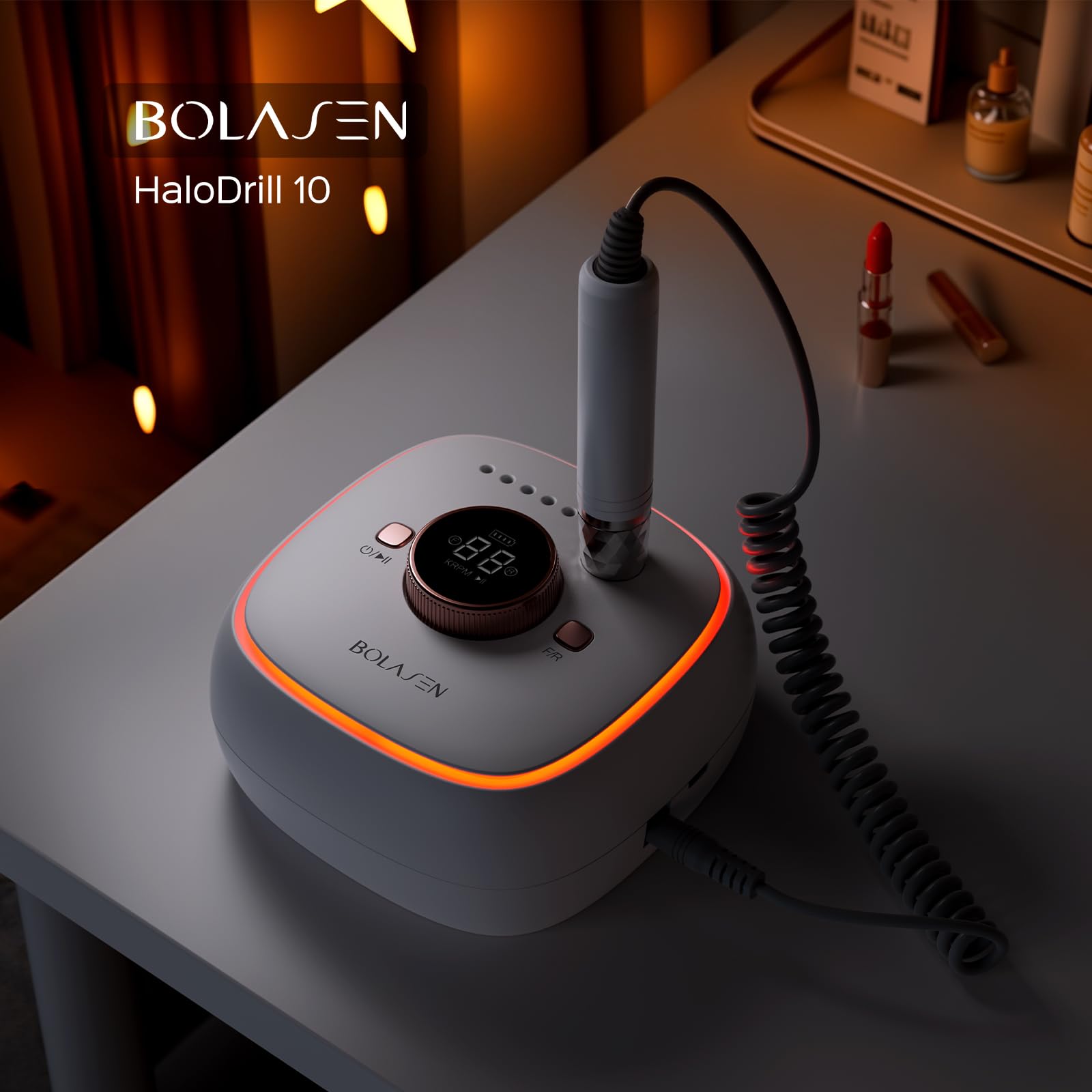 BOLASEN 40000RPM Professional Brushless Nail Drill - 7800mAh Rechargeable Cordless Electric Nail File for Acrylic & Gel Nails | Fast Nail Removal, Auto Start-Stop | Perfect for Salon, Home & DIY Manicure | HaloDrill 10