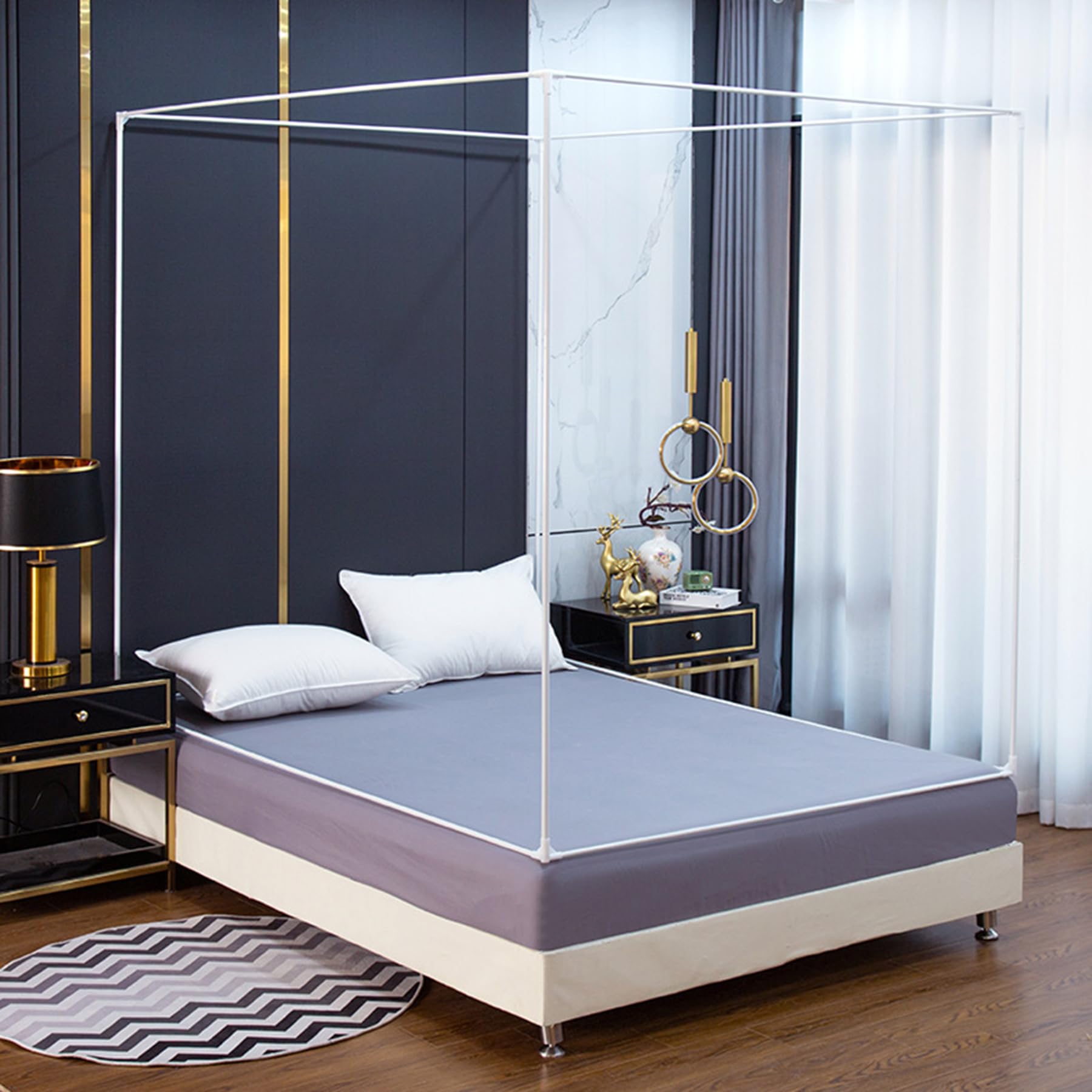 Spiral Design Metal Canopy Bed Frame with Mosquito Net - White King Size for Bedroom Decor | Fits Metal & Wood Beds | Perfect for Romantic Bedrooms, Guest Rooms & Nursery Decor