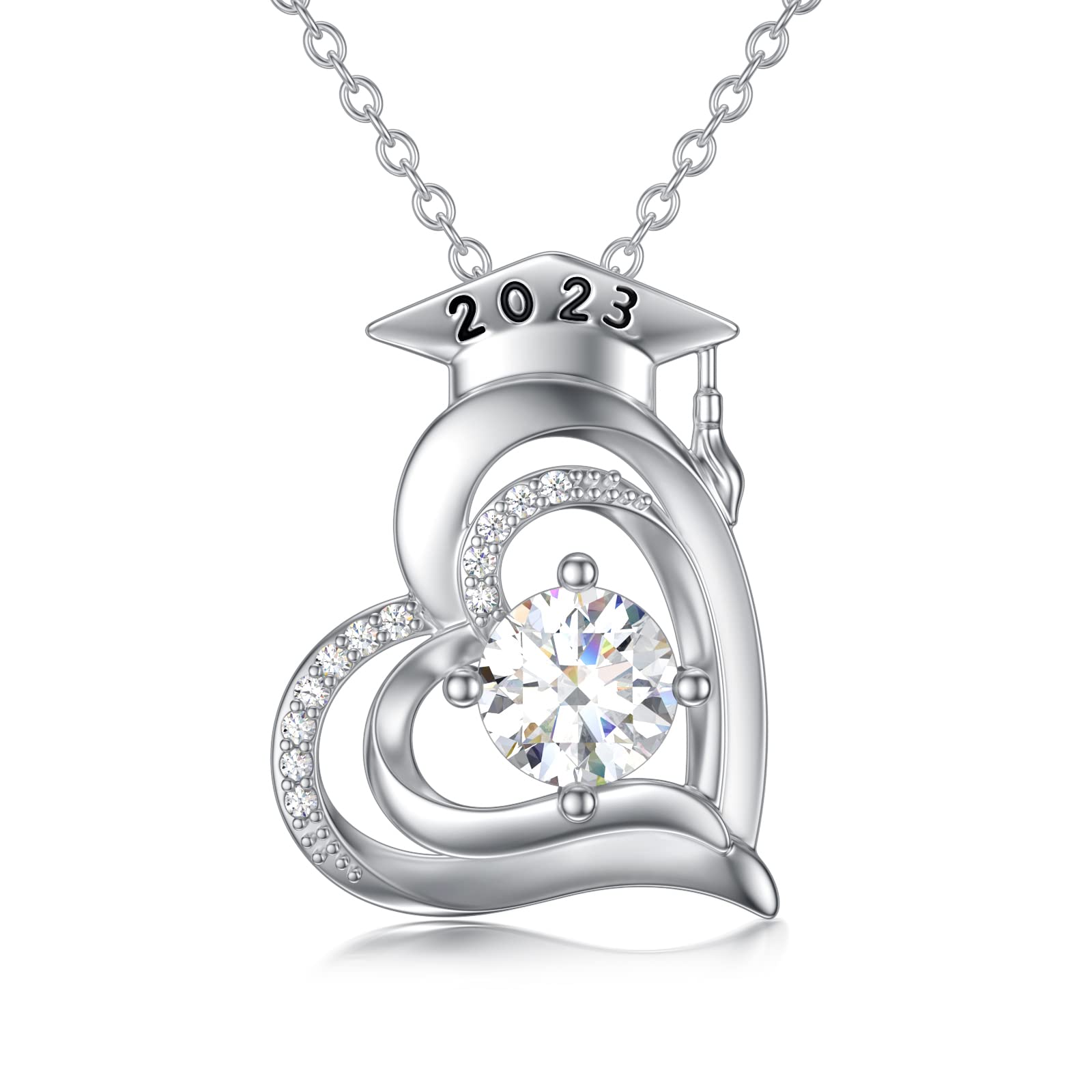 14K White Gold Plated 925 Sterling Silver Graduation Necklace for Women - Natural Diamond Heart Pendant with 2023/2022 Graduation Cap Charm, 18''+2'' Chain - Perfect Graduation Gift for Her, Daughter, Sister or Friend - Ideal for Commencement Ceremonies, Graduation Parties & Special Occasions