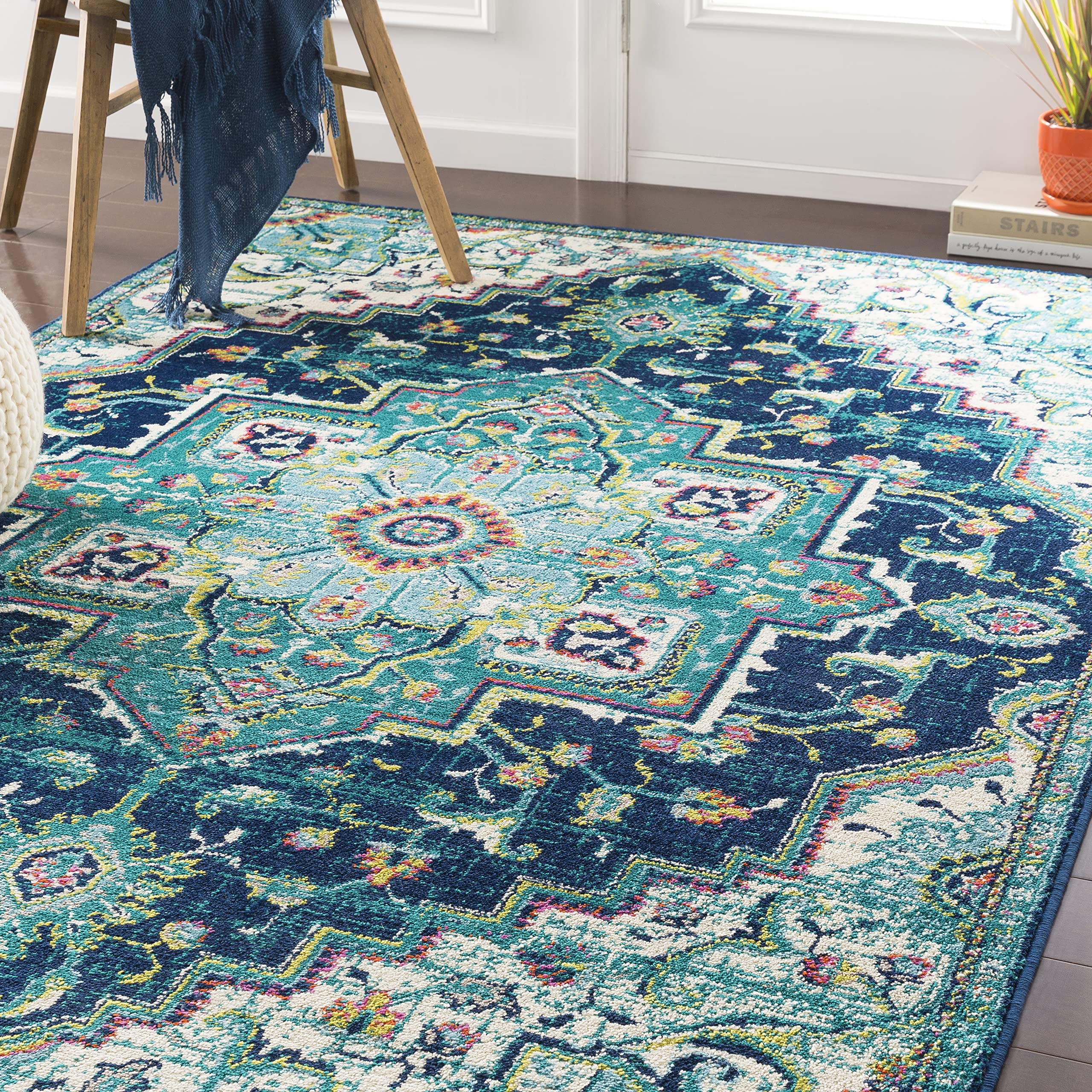 Mark&Day 7x9 Metz Traditional Teal Area Rug - Soft Blue Grey Carpet for Living Room, Bedroom, Kitchen (6'7