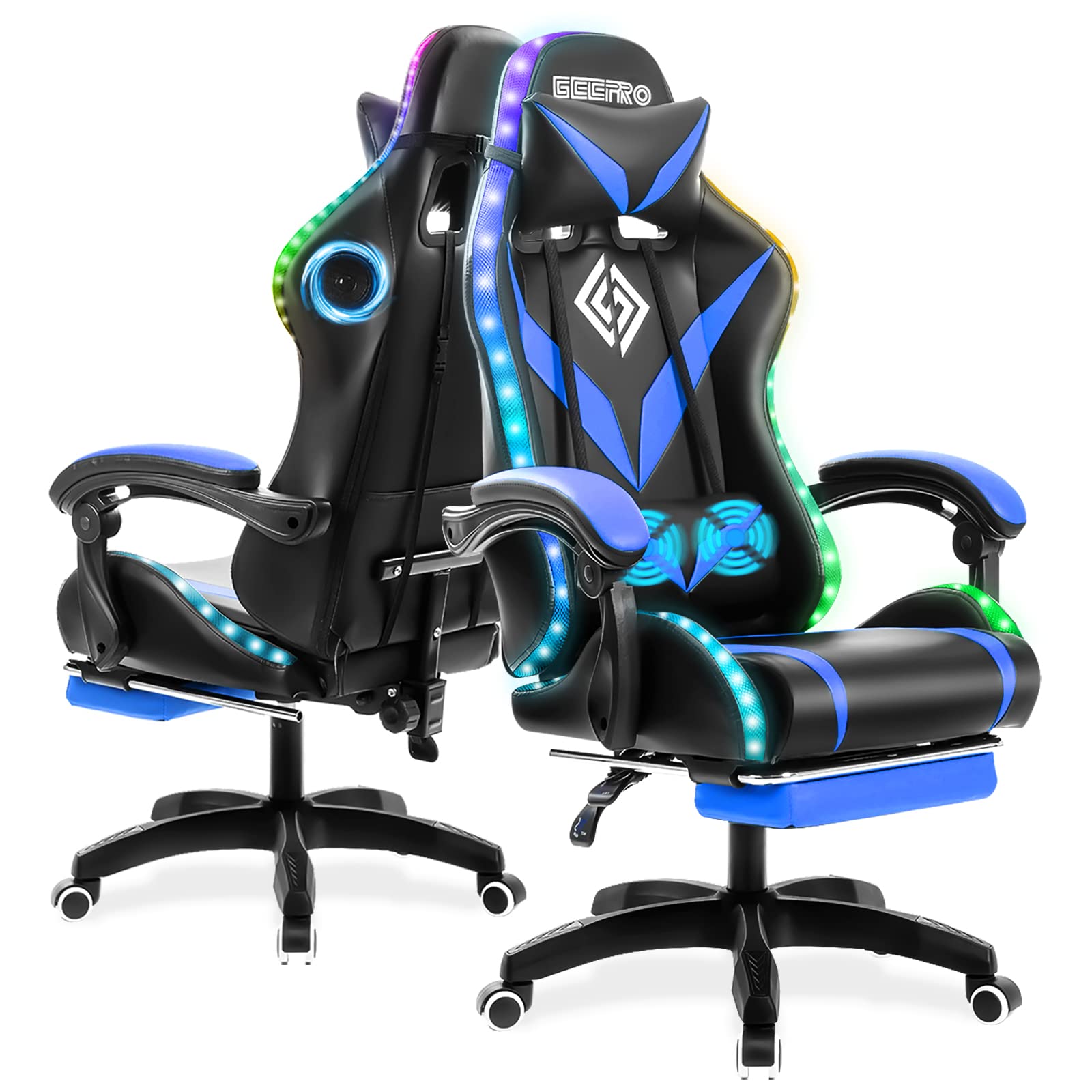 Geepro Ergonomic Gaming Chair with Bluetooth Speakers, RGB LED Lights & Footrest - High Back Computer Chair with Lumbar Support for Office & Home (Blue & Black) - Perfect for Video Games, Work & Relaxation