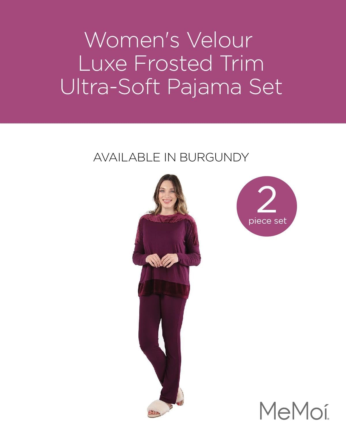 MeMoi Women's Ultra-Soft Velour Pajama Set with Frosted Trim - Cozy Lounge & Sleepwear for Relaxing at Home
