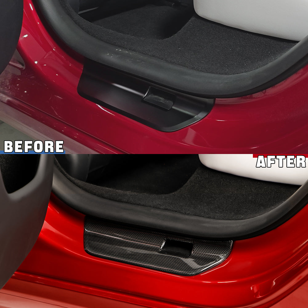 2024+ Tesla Model 3 Real Carbon Fiber Door Sill Covers - 1x1 Plain Weave - Premium Interior Protection & Style Upgrade for Your Electric Vehicle