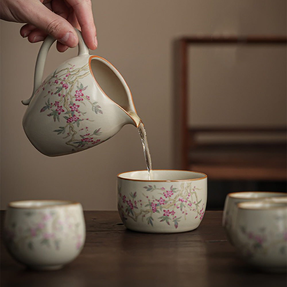 Exquisite Chinese Ruyao Peach Blossom Porcelain Tea Set - Handcrafted Ceramic Teapot & Cups - Perfect for Home Tea Ceremony, Gift & Zen Decor