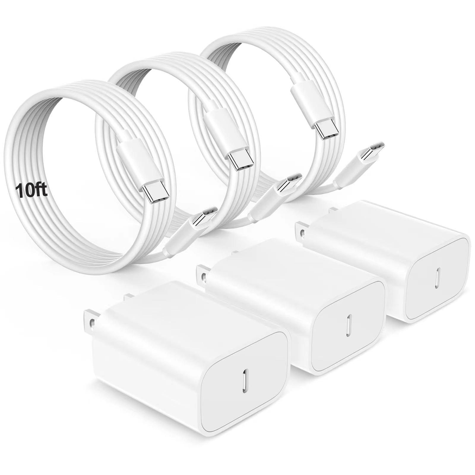 3-Pack 20W USB C Fast Charger with 10FT Long Cable for iPad Pro 12.9/11, iPad 10th Gen, iPad Air 5th/4th Gen, iPad Mini 6, iPhone 15 Series - Perfect for Home, Office & Travel Charging