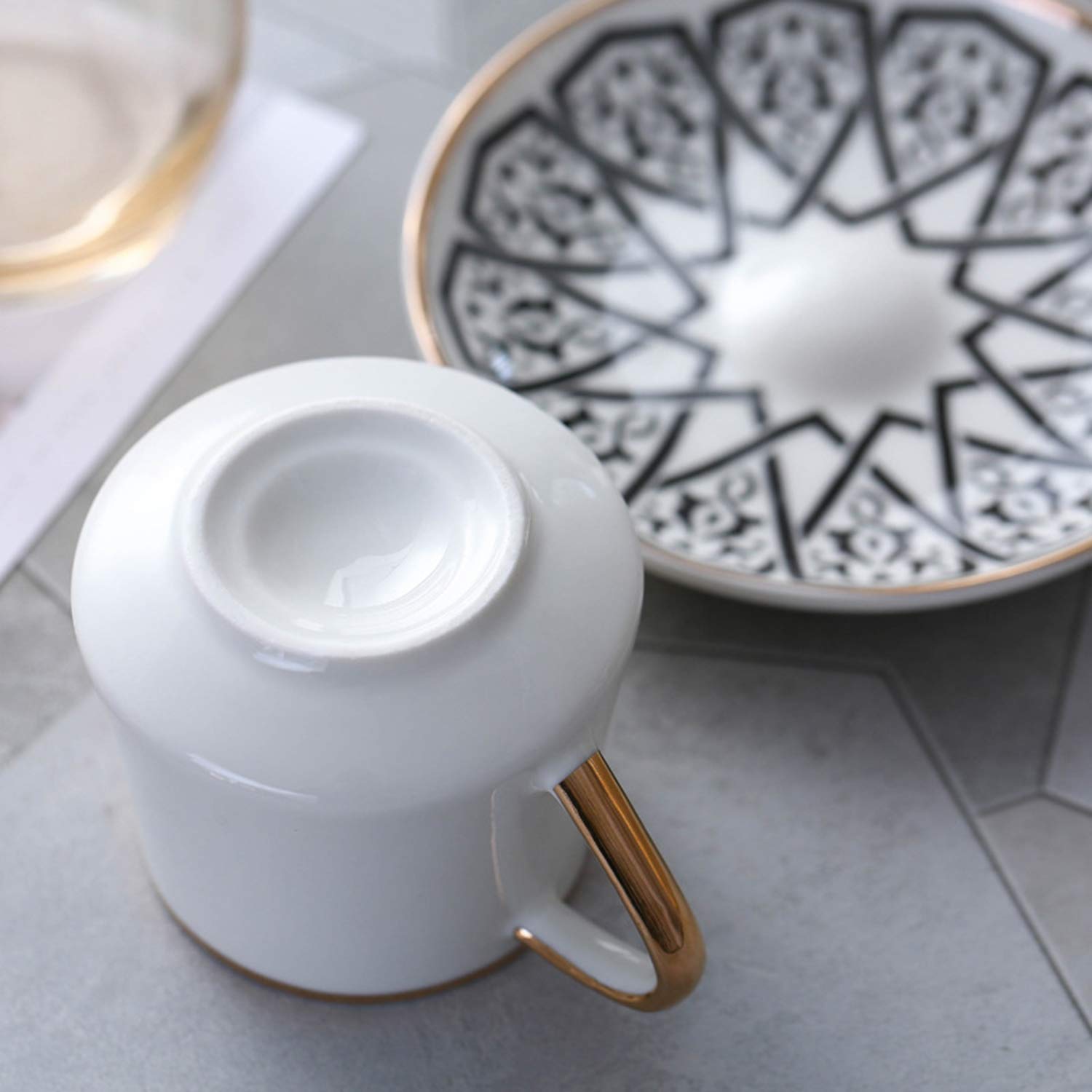 ABHOME 6-Piece Small Espresso Cups and Saucers Set - 2.5 oz Demitasse Cups with Elegant Gold Rim & Gift Box, White Coffee Cup with Decorative Pattern (Black, 80ml) - Perfect for Espresso, Cappuccino, and Afternoon Tea Serving