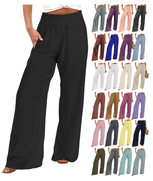 **Women's Wide Leg Linen Pants - High Waisted Summer Palazzo Lounge Pants with Pockets - Casual Boho Beach Trousers for Women (Black, XXXL) - Perfect for Vacations, Yoga & Relaxation**