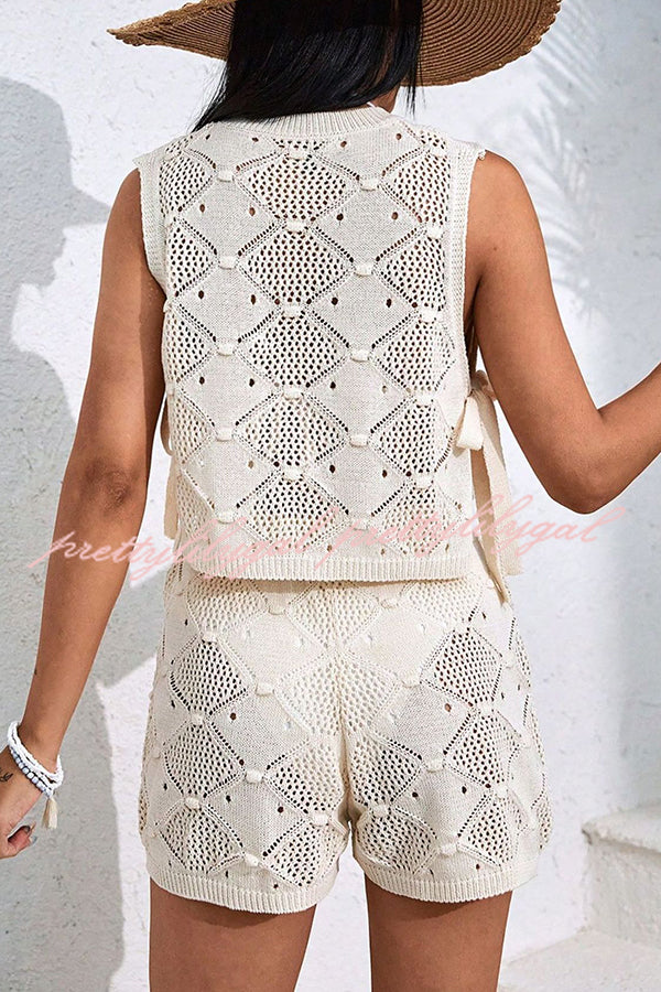Solid Color Sleeveless Tie Knitted Vest & Loose Elastic Waist Drawstring Shorts Set - Women's Casual Summer Outfit for Beach, Vacation and Streetwear Fashion