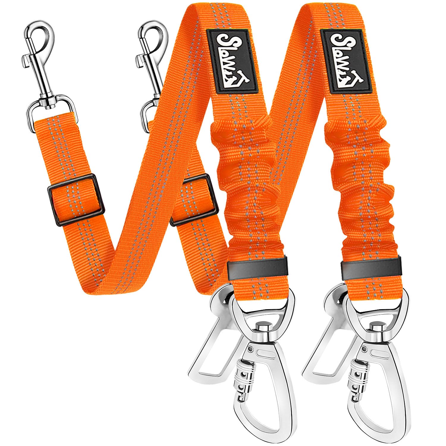 SlowTon 2 Pack Heavy Duty Adjustable Dog Seat Belt - Elastic Bungee Buffer Nylon Reflective Pet Safety Tether for Car Travel, Connects to Harness with Dual Clip (Orange) - Perfect for Road Trips & Safe Vehicle Rides with Your Pet