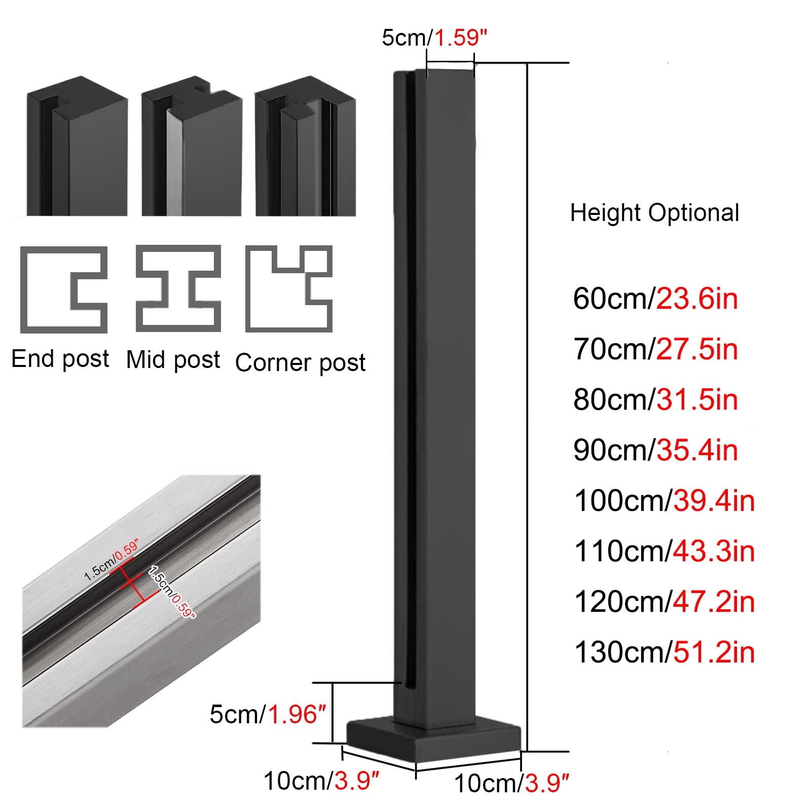 Black Glass Panel Fencing Railing Post - Balustrade End/Mid/Corner Metal Column for Indoor & Outdoor Glass Fence - Fits 10-12mm Thick Glass - 80cm/31.5in Height - Modern Home & Garden Security Barrier for Patio, Pool, Deck, and Staircase