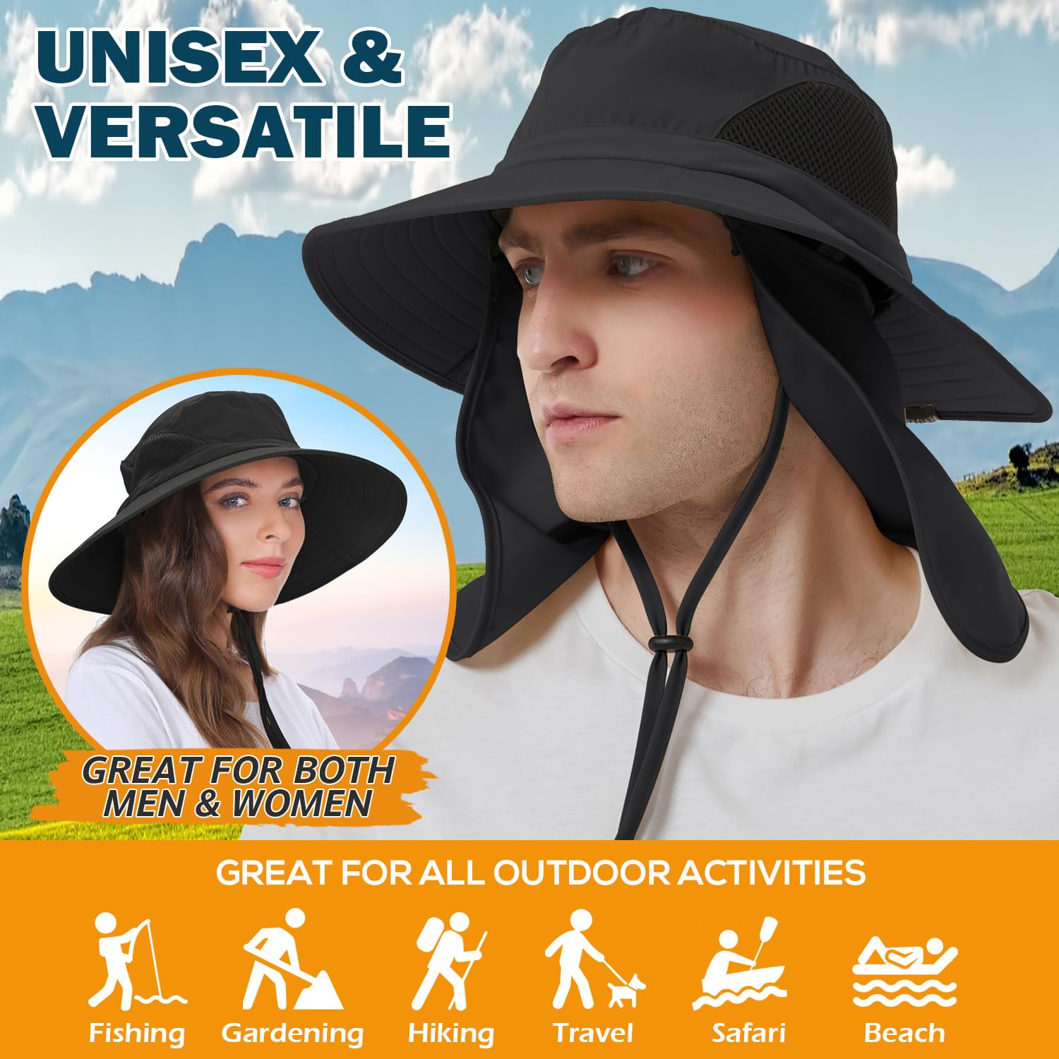 UPF 50+ Unisex Sun Hat with Neck Flap - Waterproof Packable for Outdoor Activities