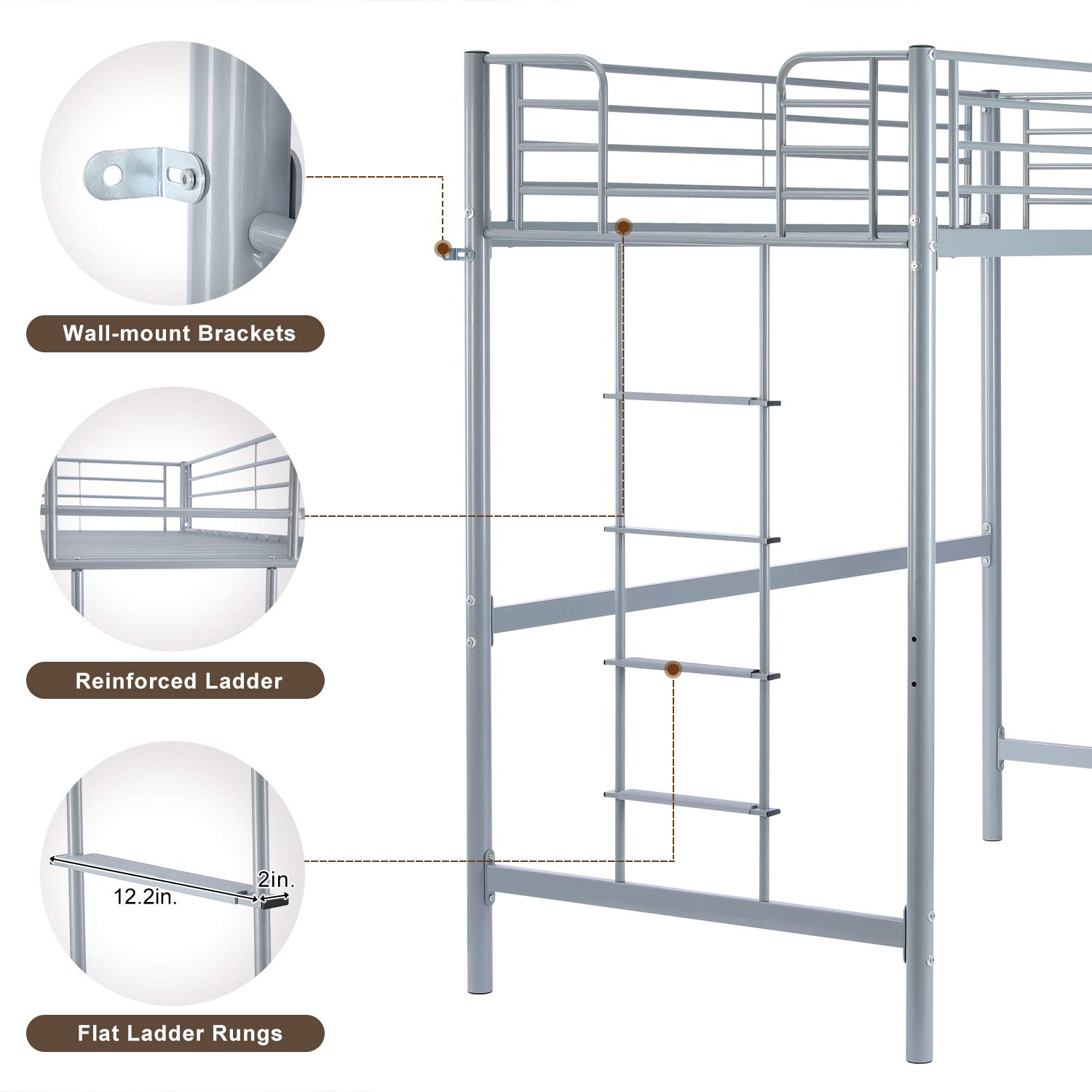 Bonnlo Twin Size Metal Loft Bed for Kids with Ladder - Space Saving Gray Loft Bed for Small Rooms, Perfect for Kids Bedroom, Dorm or Guest Room