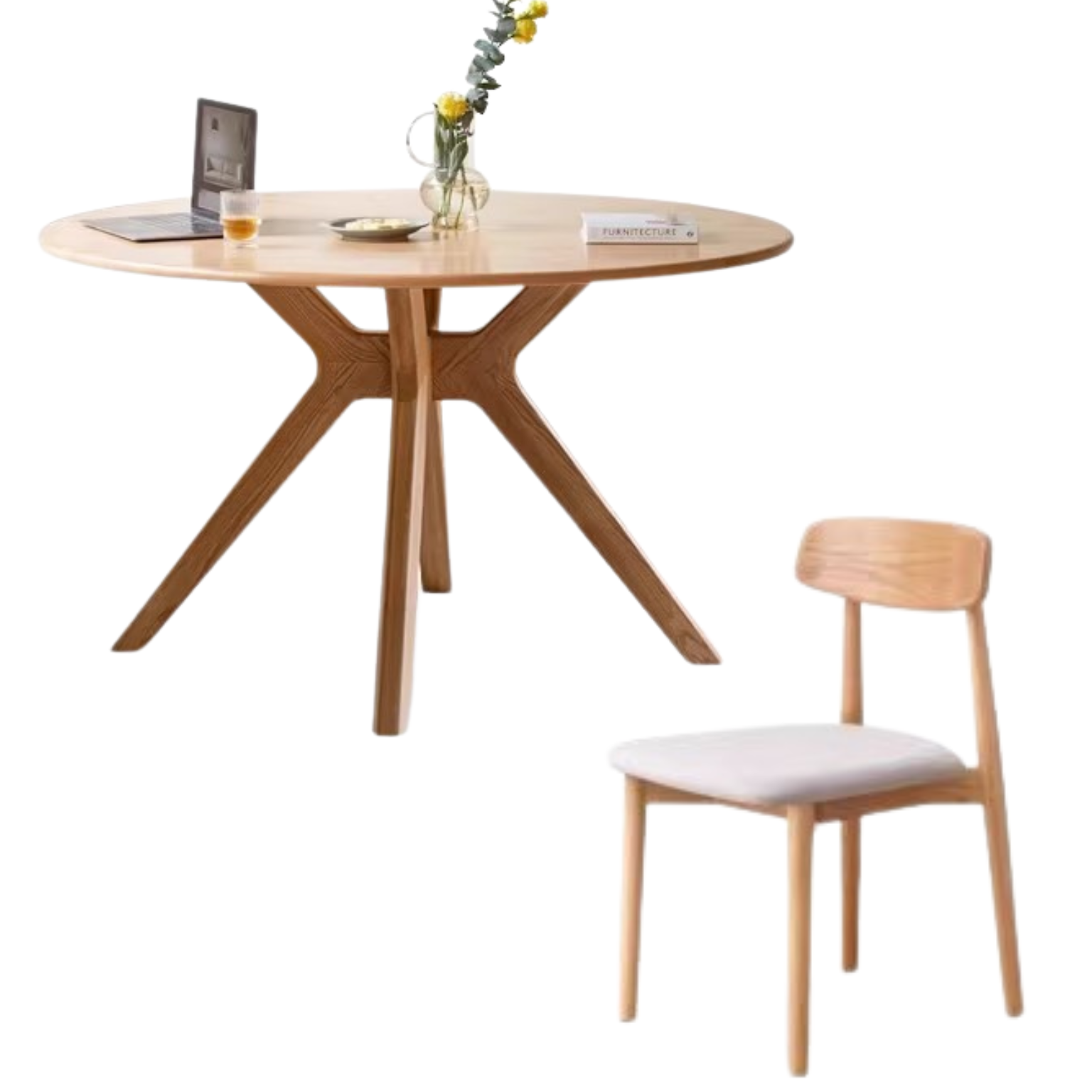 51.2x51.2x29.1 inch / 130x130x74.8 сm / Natural Wood Color / Dining table+4 chairs