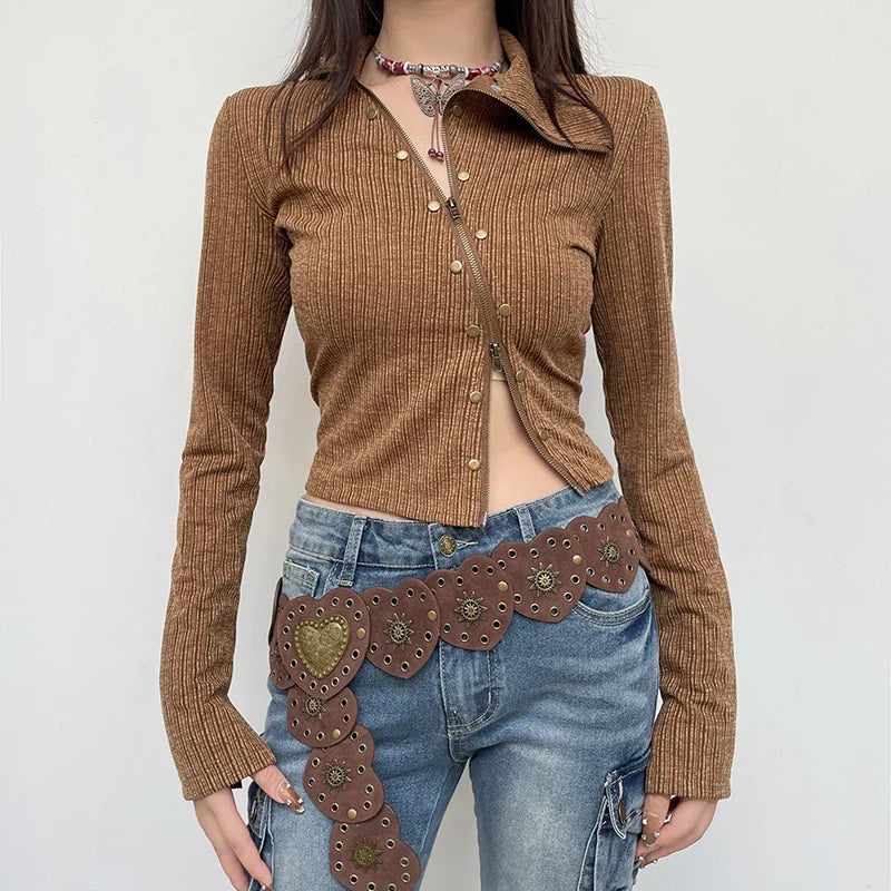 Vintage Asymmetrical Skinny Crop Top Jacket for Women - Fashionable Zipper Rivet Chic Shirts & Outerwear | Perfect for Autumn Outfits, Casual Wear, and Night Out Looks