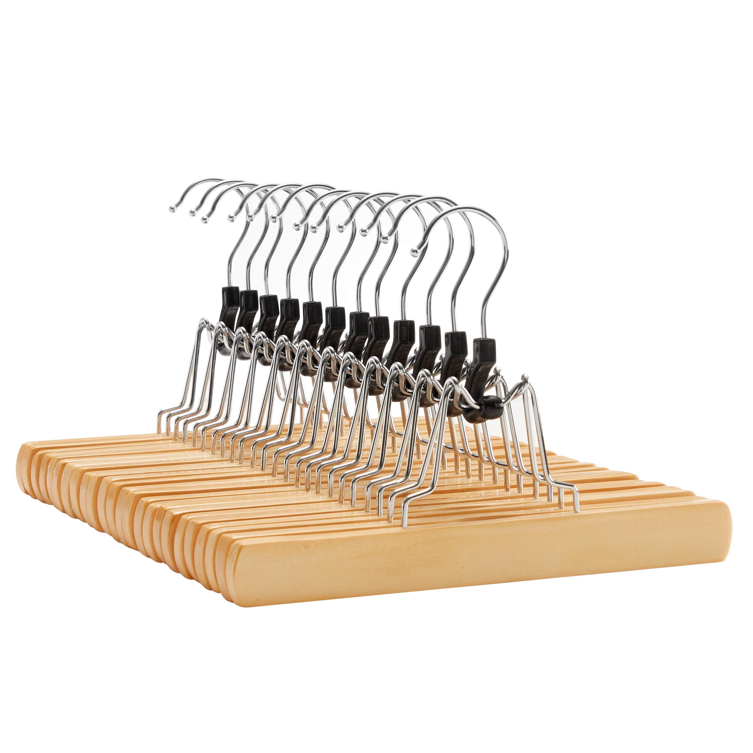 SONGMICS 12 Pack Wooden Pants Hangers with Non-Slip Felt - Premium Solid Wood Clothes Hangers for Skirts, Trousers & Dresses - 360° Swivel Hook & Smooth Finish - Perfect for Closet Organization & Retail Display