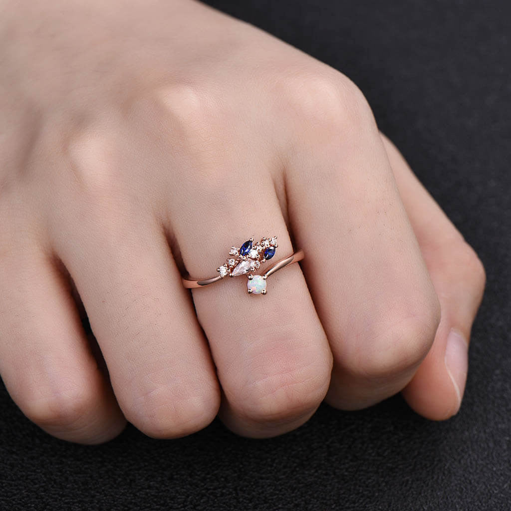 Exquisite Curved Opal Sapphire Diamond Engagement Ring in Rose Gold - Perfect for Proposals, Anniversaries & Romantic Occasions