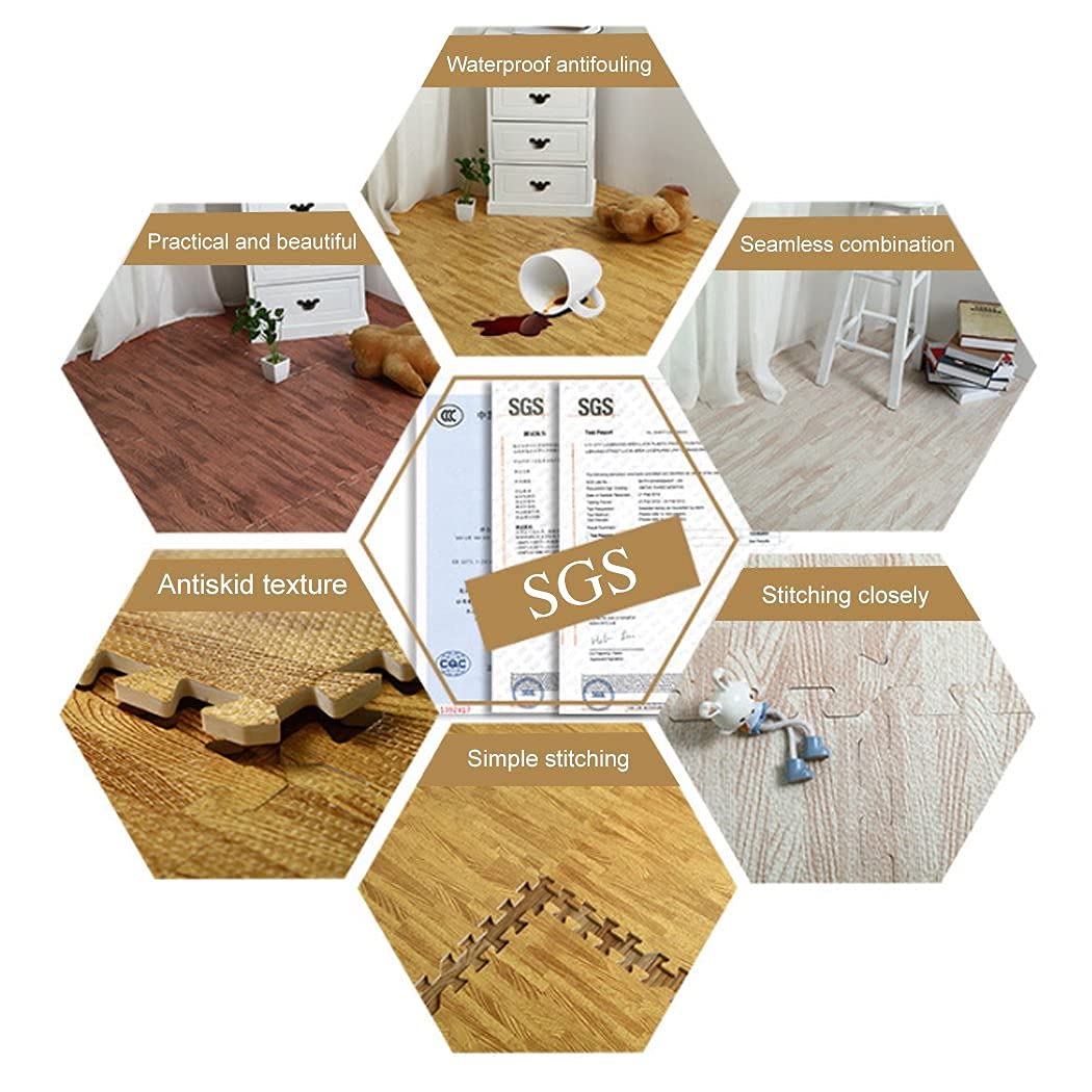 LUVODI 24-Piece EVA Foam Puzzle Mat - 60 x 60 cm Non-Slip Wood Grain Rubber Flooring for Baby Playroom, Home Gym & Kids Play Area - Light Brown Interlocking Tiles for Safe Crawling & Exercise